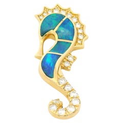 14K Yellow Gold Opal & Diamond Seahorse Pendant Diamonds By The Yard Necklace