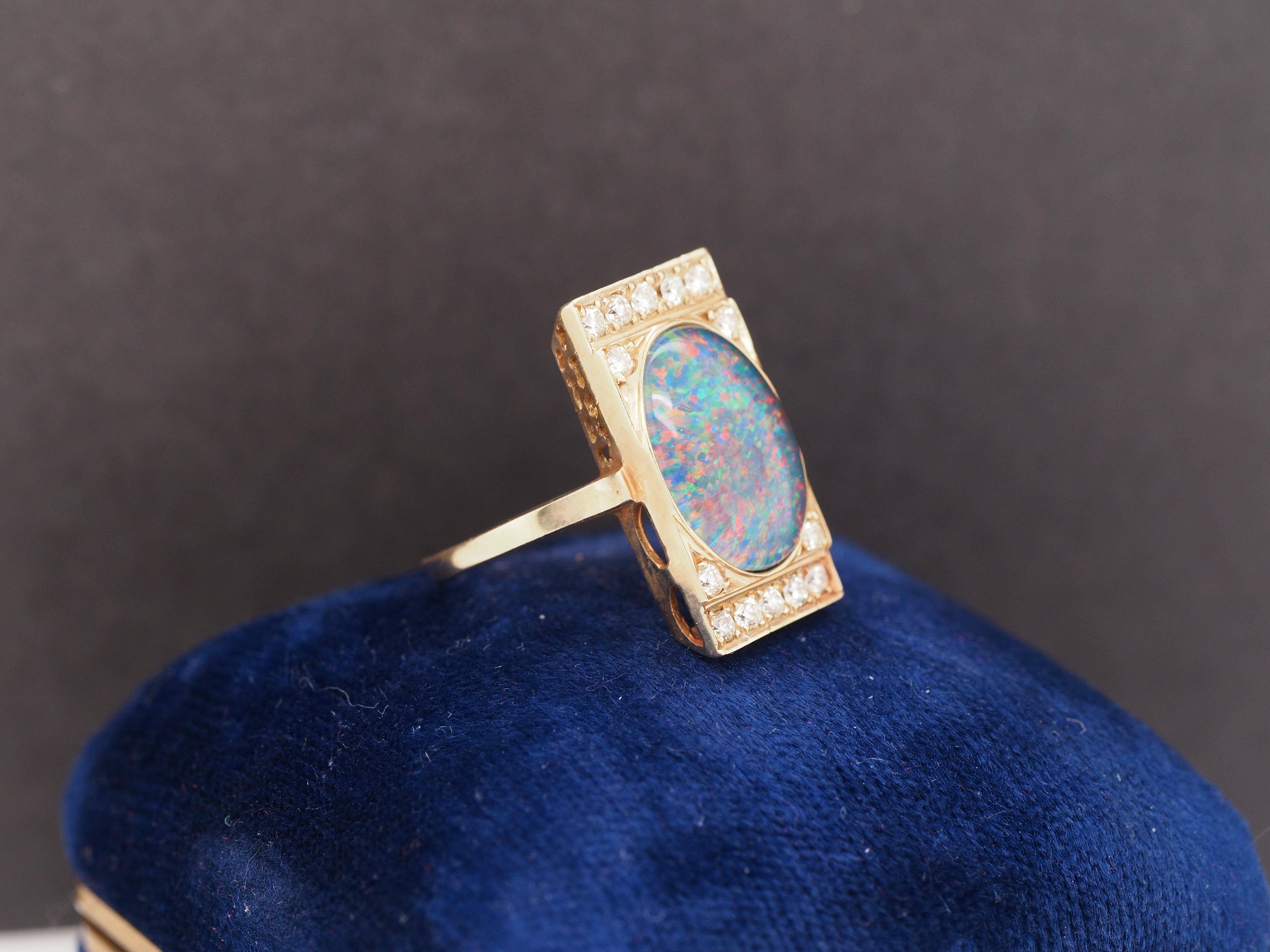Contemporary 14K Yellow Gold Opal Doublet and Diamond Cocktail Ring For Sale
