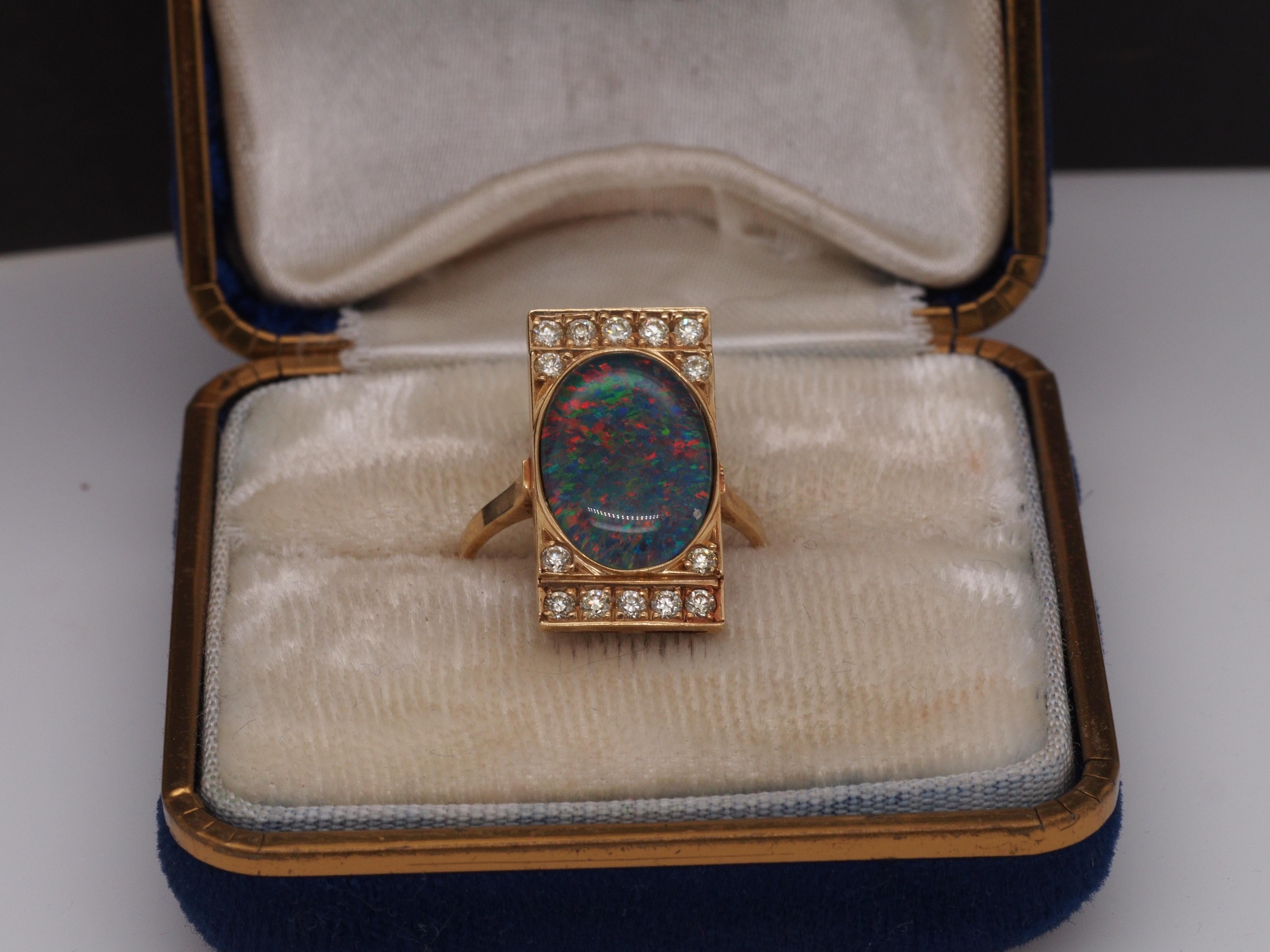 14K Yellow Gold Opal Doublet and Diamond Cocktail Ring For Sale 1