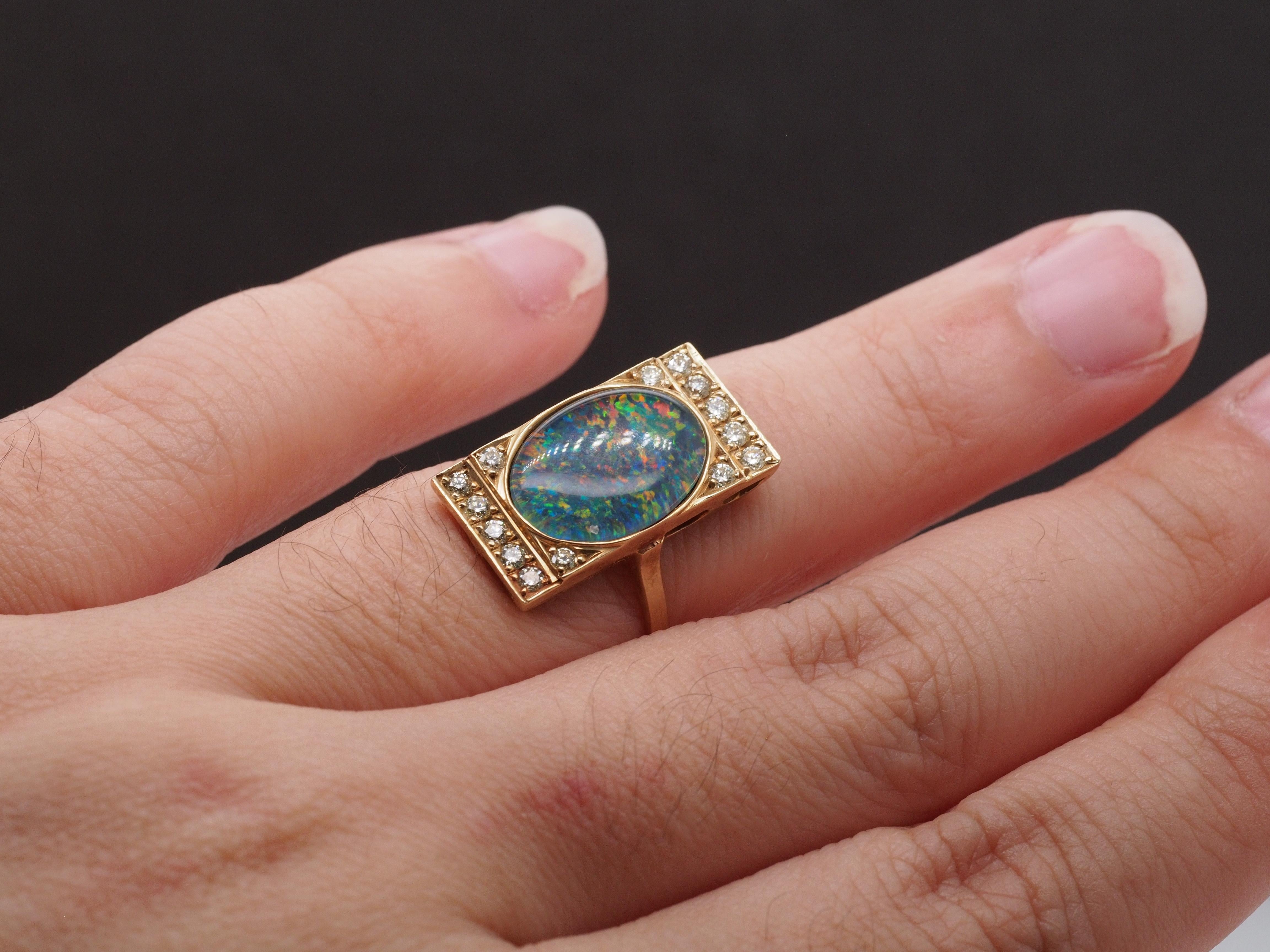 14K Yellow Gold Opal Doublet and Diamond Cocktail Ring For Sale 3