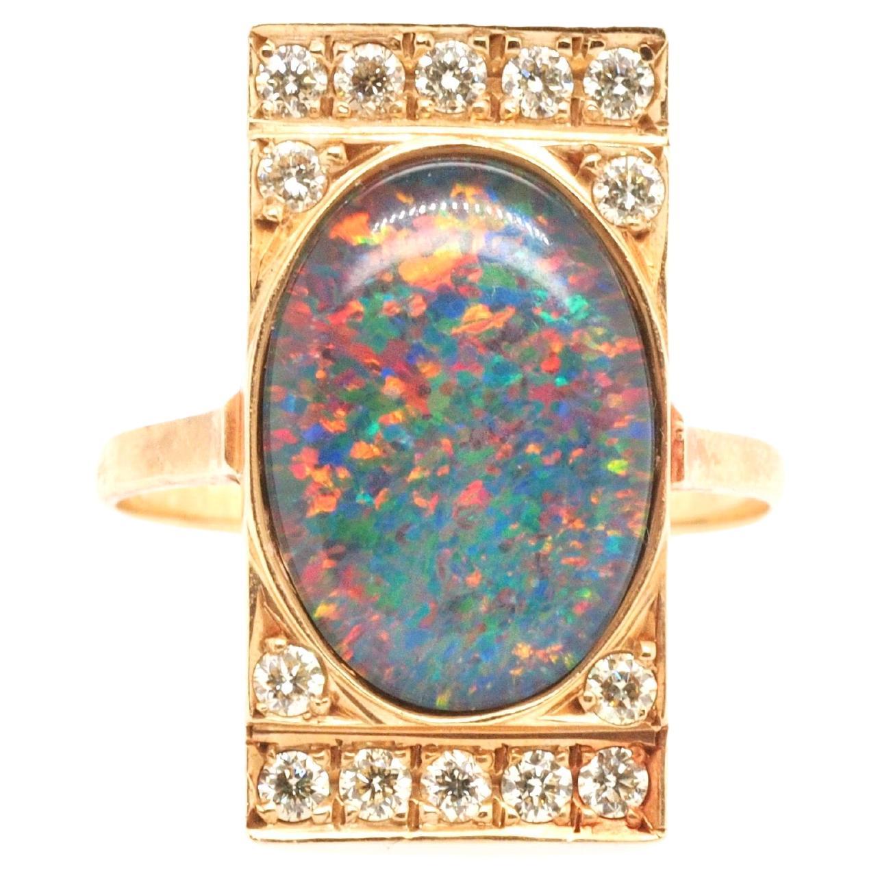 14K Yellow Gold Opal Doublet and Diamond Cocktail Ring For Sale