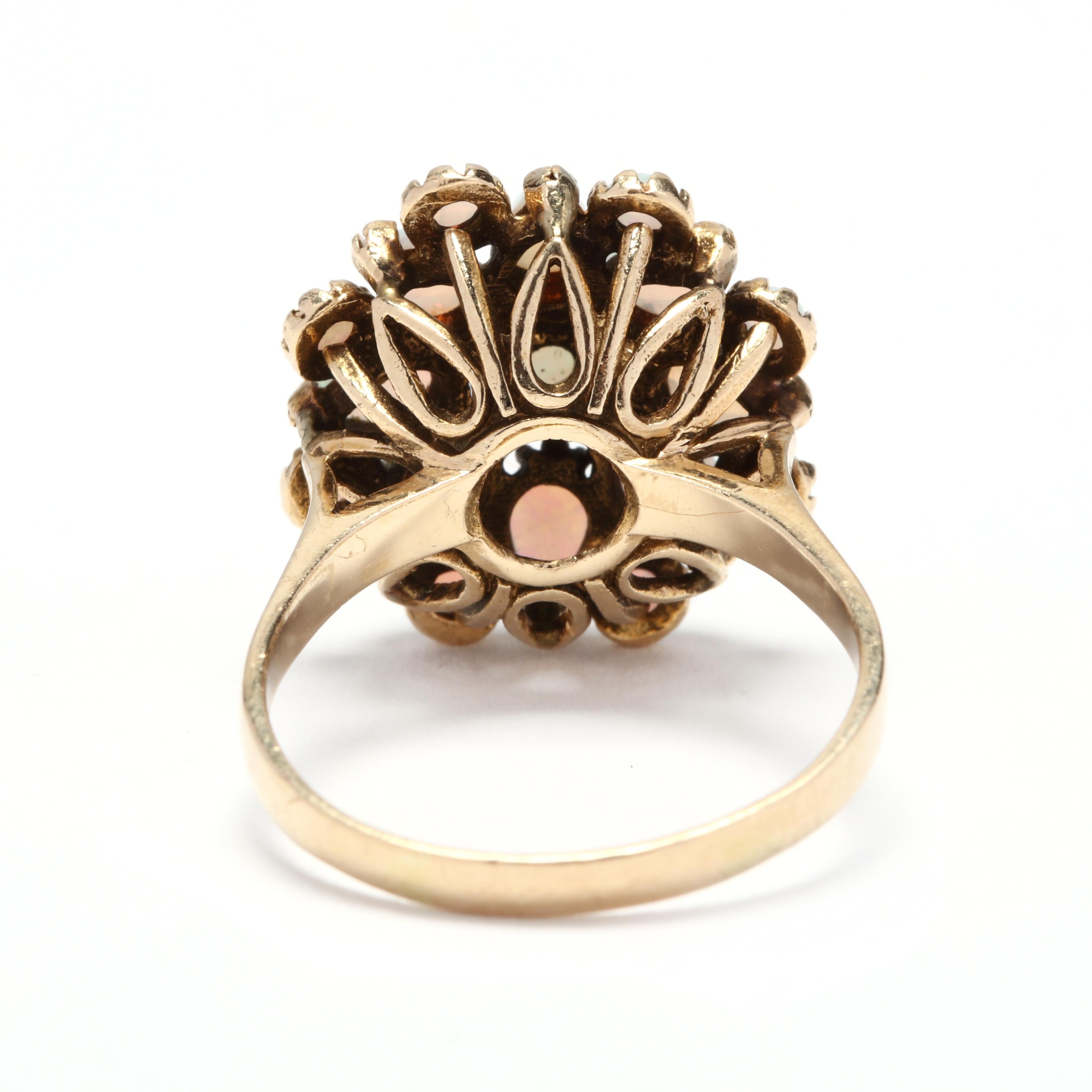 Round Cut 14 Karat Yellow Gold and Opal Flower Cocktail Ring
