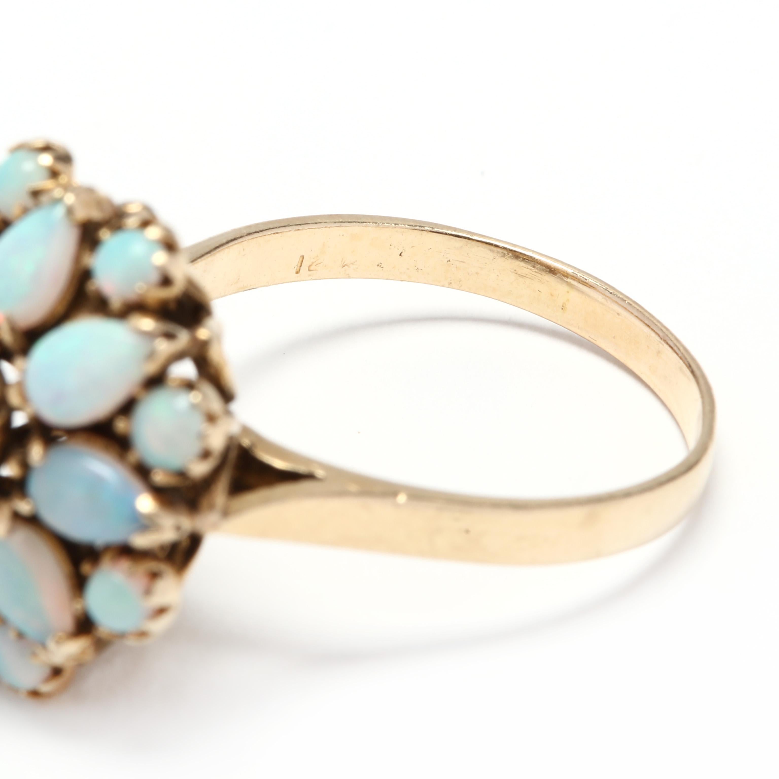 Women's or Men's 14 Karat Yellow Gold and Opal Flower Cocktail Ring