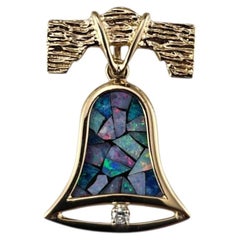 14K Yellow Gold Opal Inlay and Diamond Liberty Bell Pendant #25407