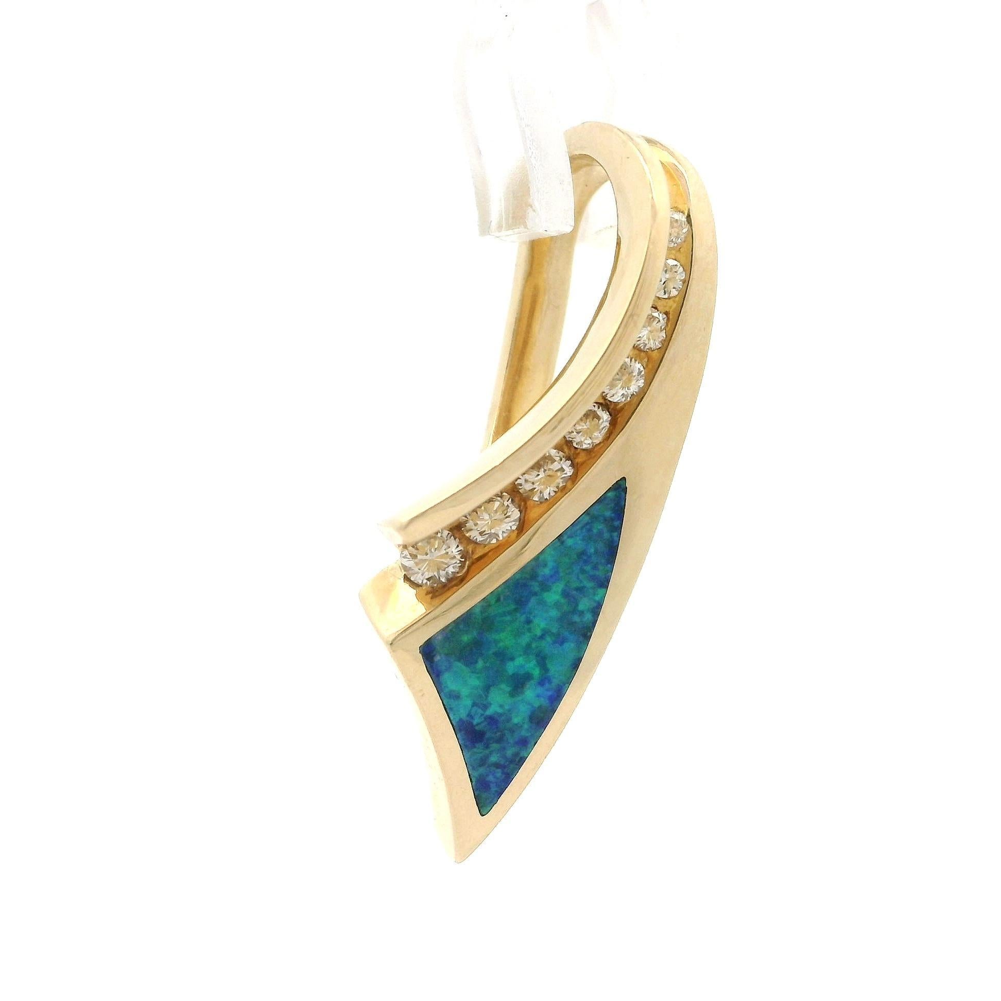 Brilliant Cut 14k Yellow Gold Opal Inlay w/ Channel Diamonds Ribbon Shape Slide Pendant For Sale