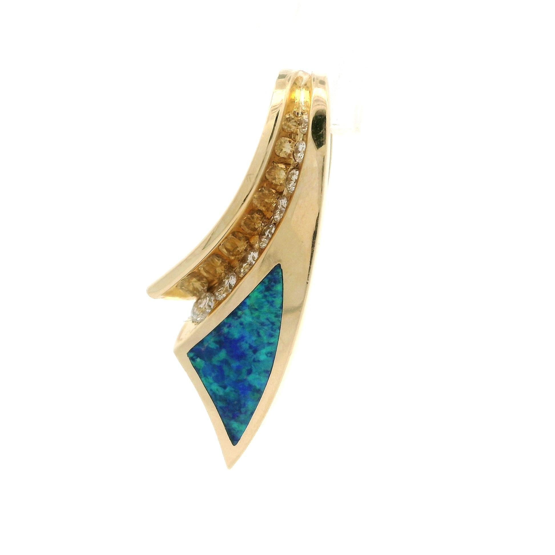 14k Yellow Gold Opal Inlay w/ Channel Diamonds Ribbon Shape Slide Pendant In Excellent Condition For Sale In Montclair, NJ