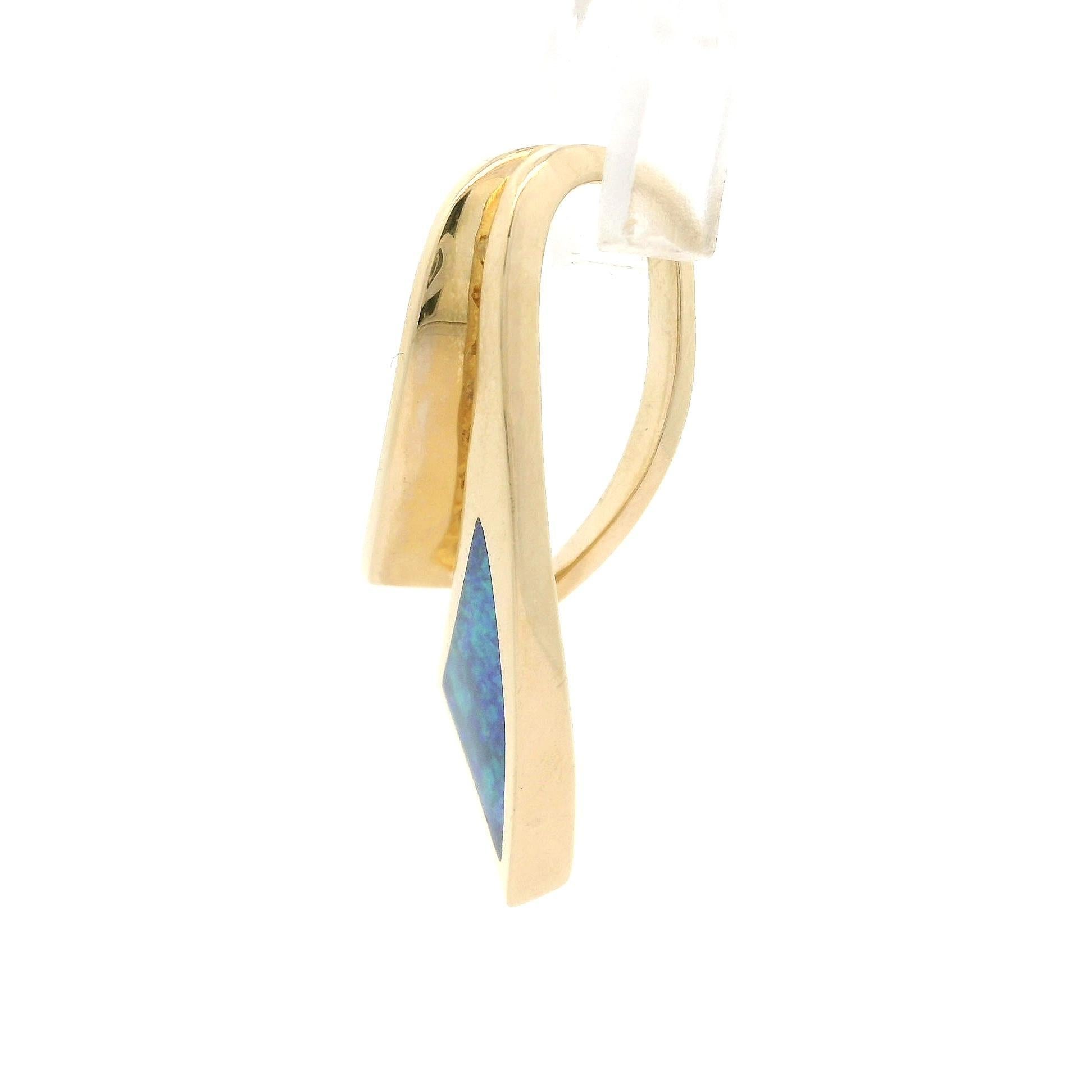 Women's 14k Yellow Gold Opal Inlay w/ Channel Diamonds Ribbon Shape Slide Pendant For Sale