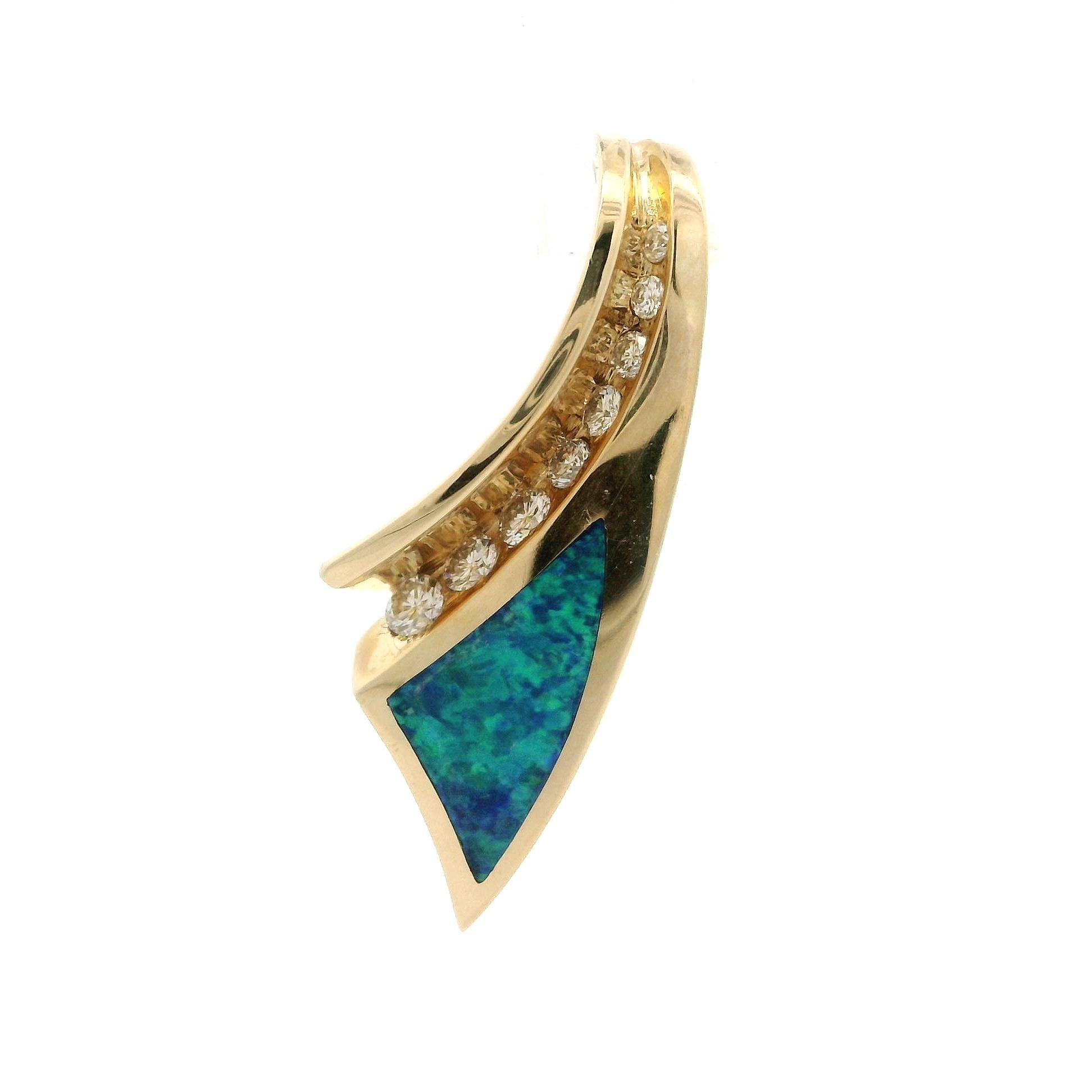 14k Yellow Gold Opal Inlay w/ Channel Diamonds Ribbon Shape Slide Pendant For Sale 3