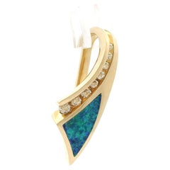 14k Yellow Gold Opal Inlay w/ Channel Diamonds Ribbon Shape Slide Pendant