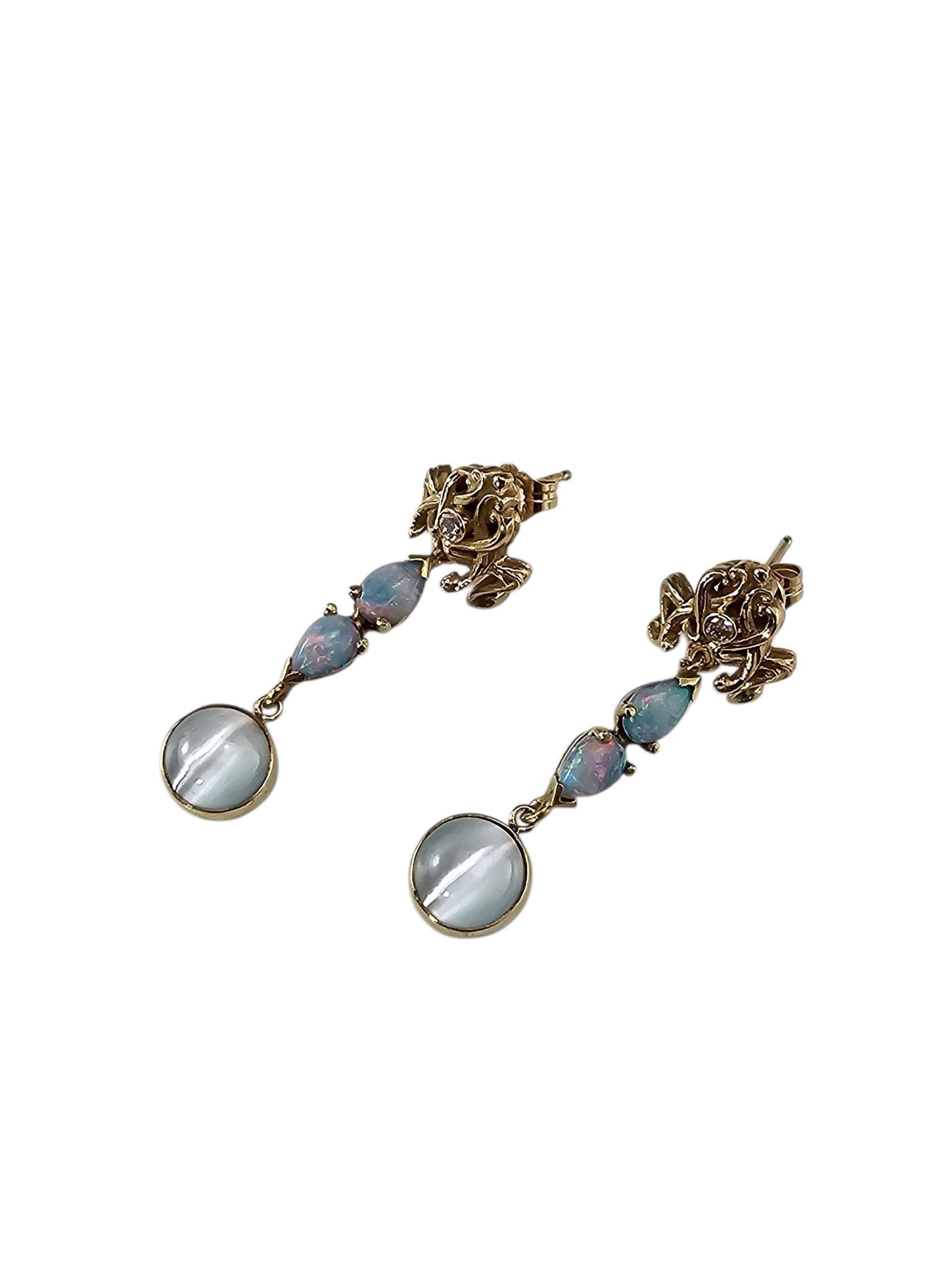 Orecchini in oro giallo 14K con opale, pietra di luna e diamanti #23777 in vendita 1