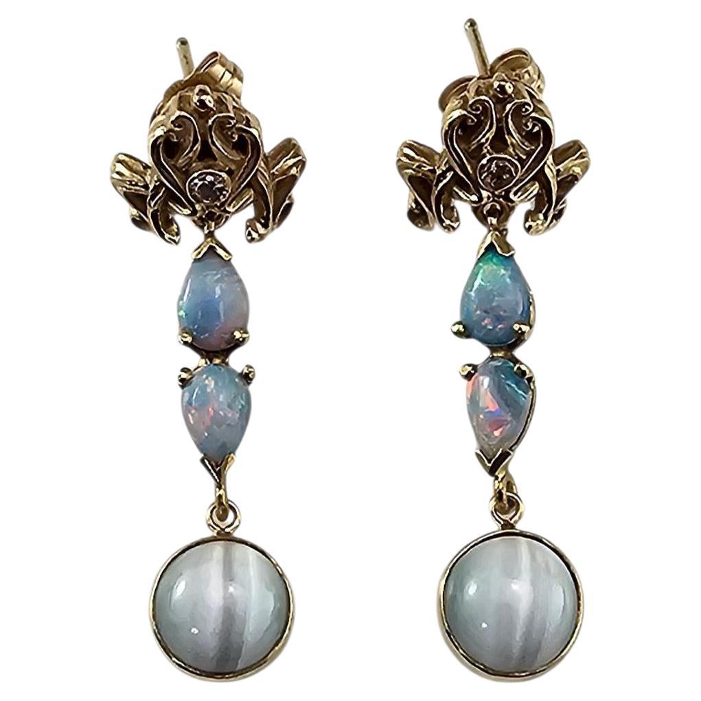 Orecchini in oro giallo 14K con opale, pietra di luna e diamanti #23777