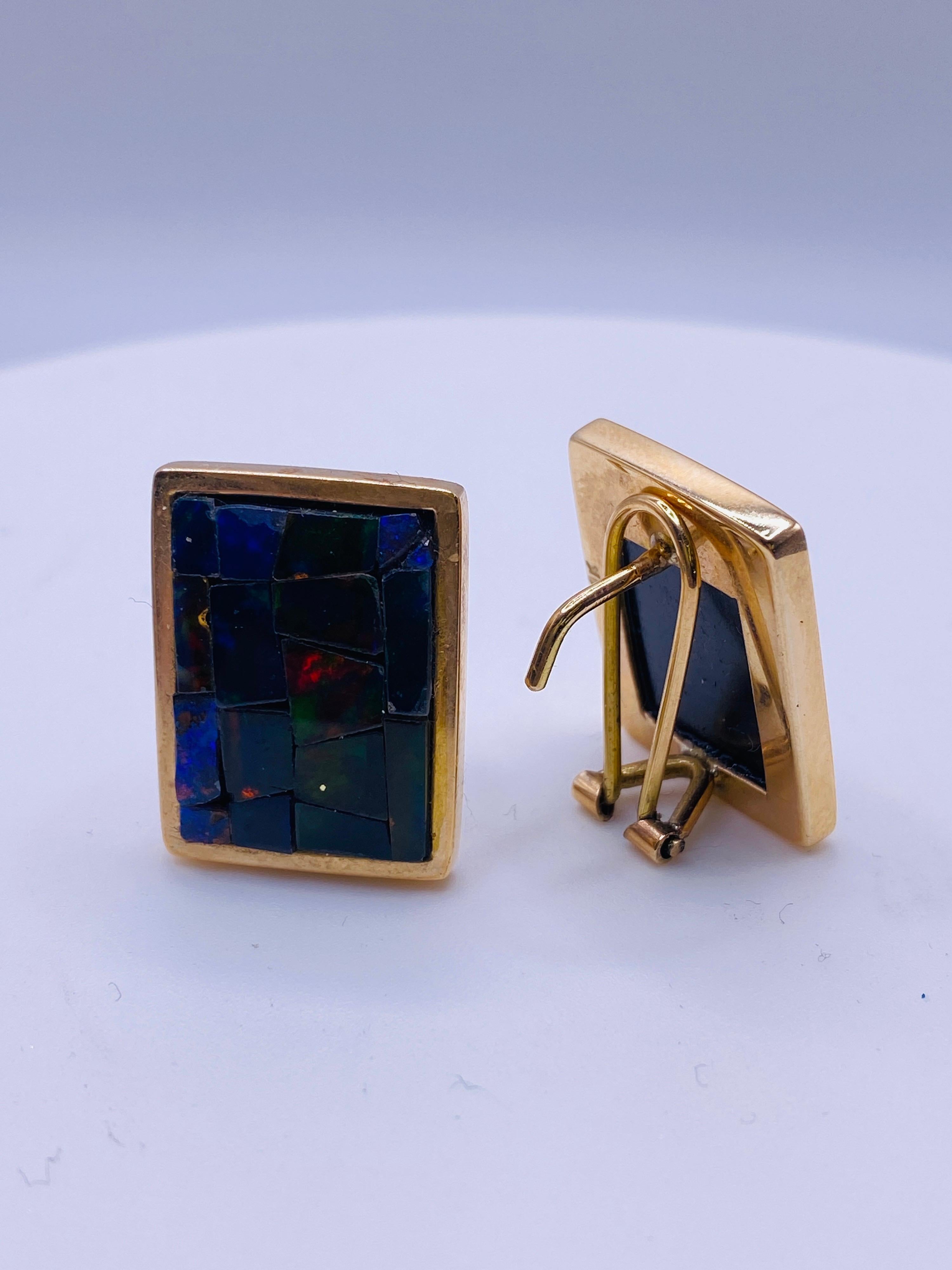 14k yellow gold inlay mosaic opal earrings with omega clip backs. 7.0dwt