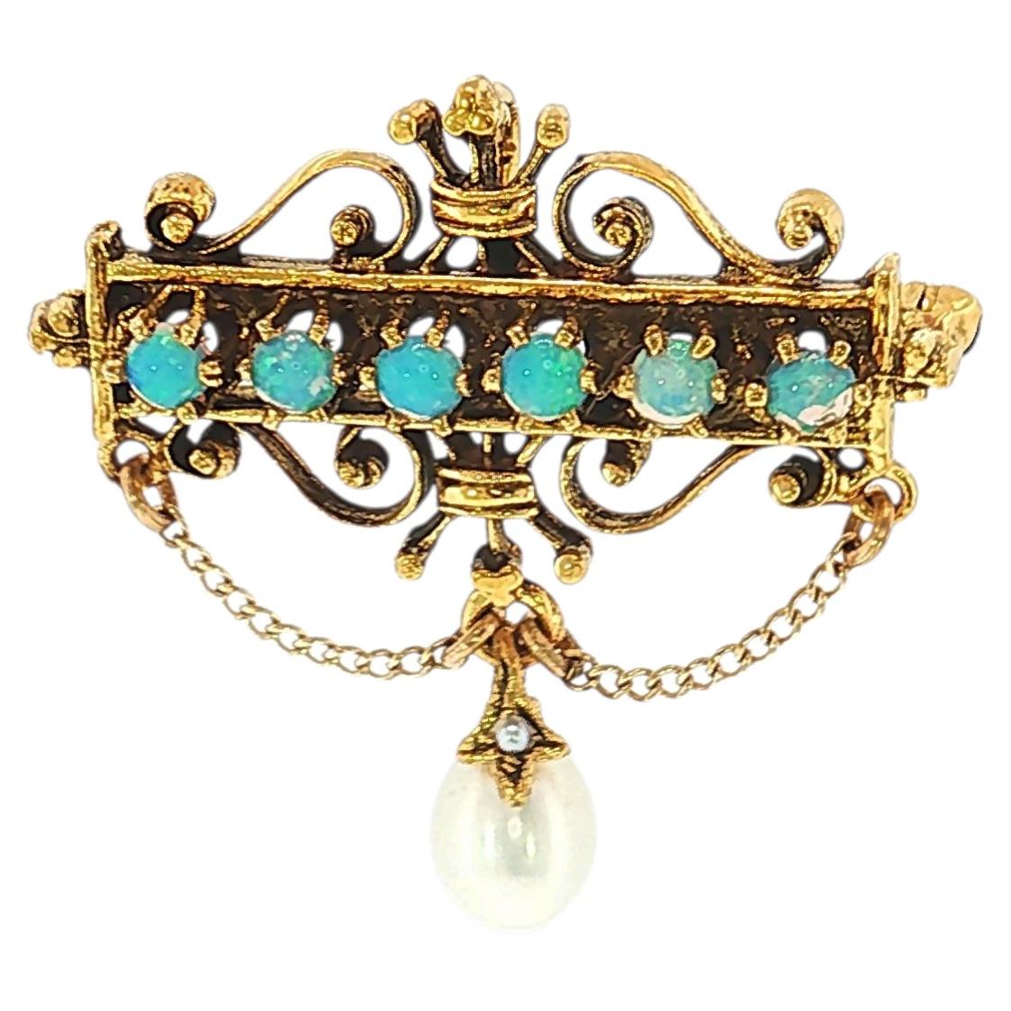 14K Yellow Gold Opal & Pearl Victorian Pin / Pendant