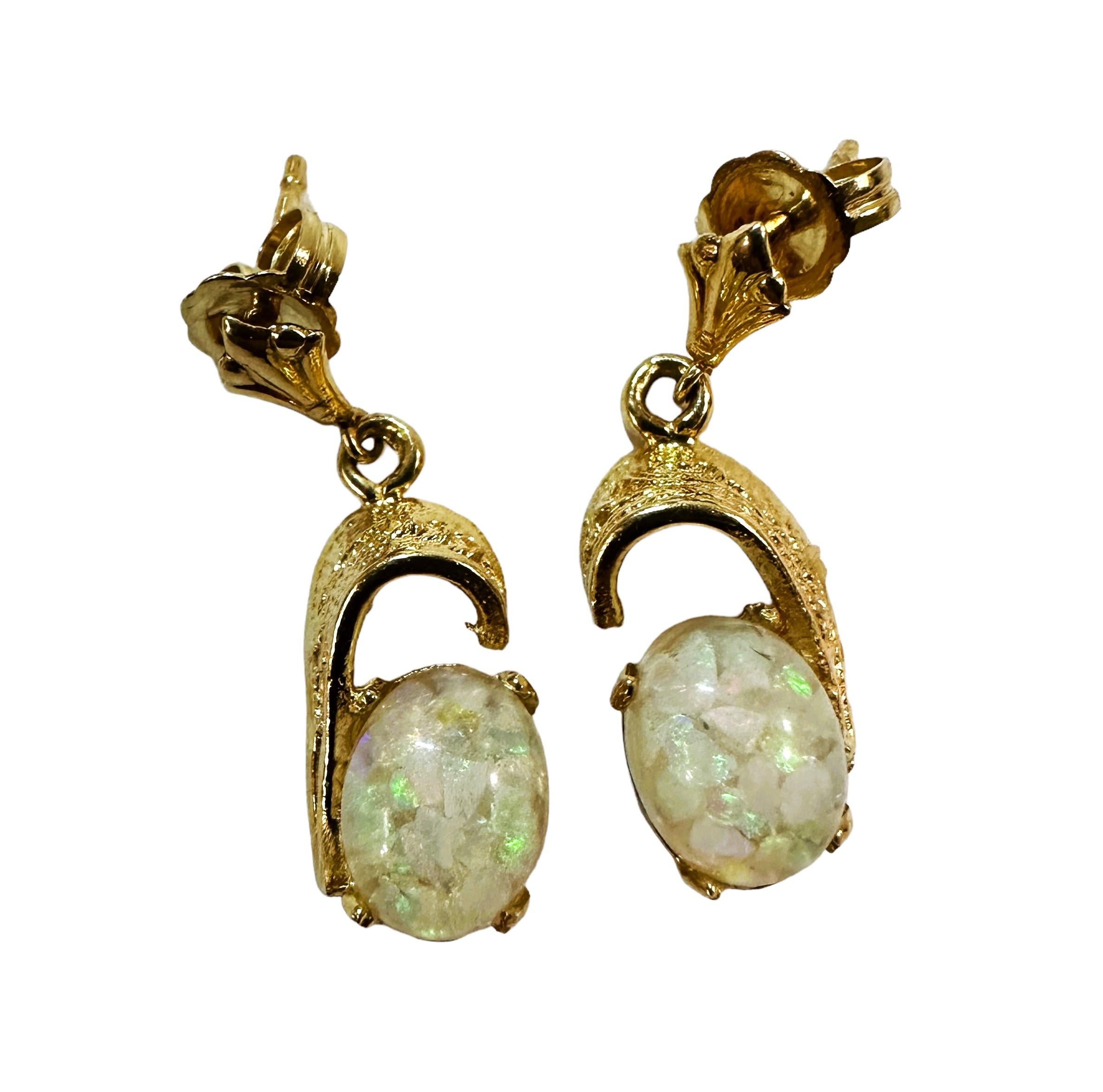 Oval Cut Vintage 14K Yellow Gold Opal Post Drop Earrings For Sale