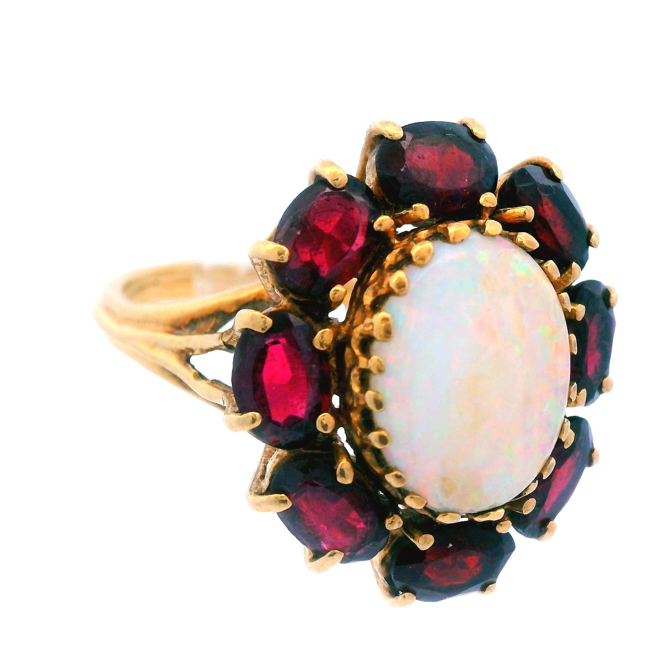 Oval Cut 14K Yellow Gold Opal & Red Garnet Cocktail Ring Ca. 1950s For Sale