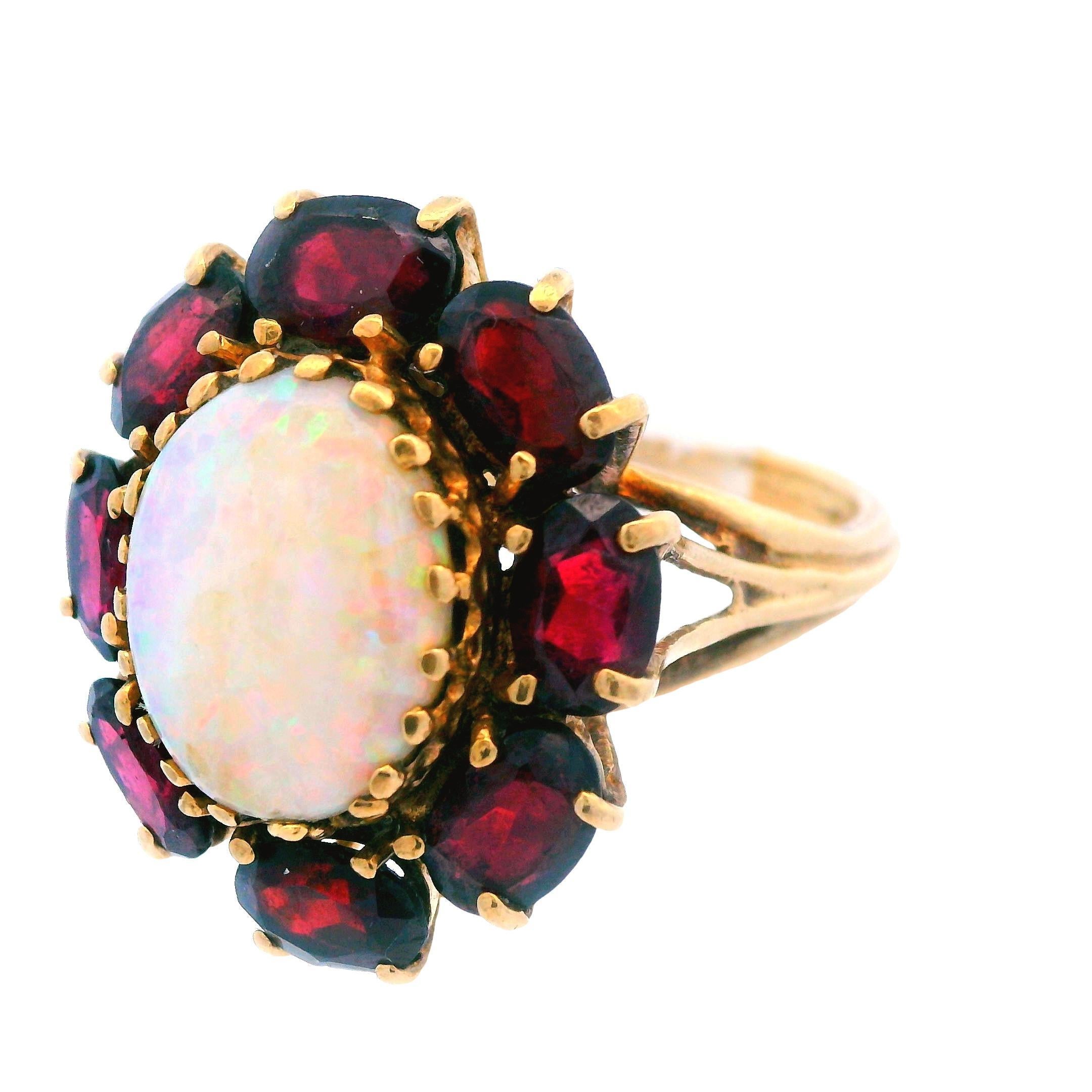 14K Yellow Gold Opal & Red Garnet Cocktail Ring Ca. 1950s In Good Condition For Sale In Lexington, KY