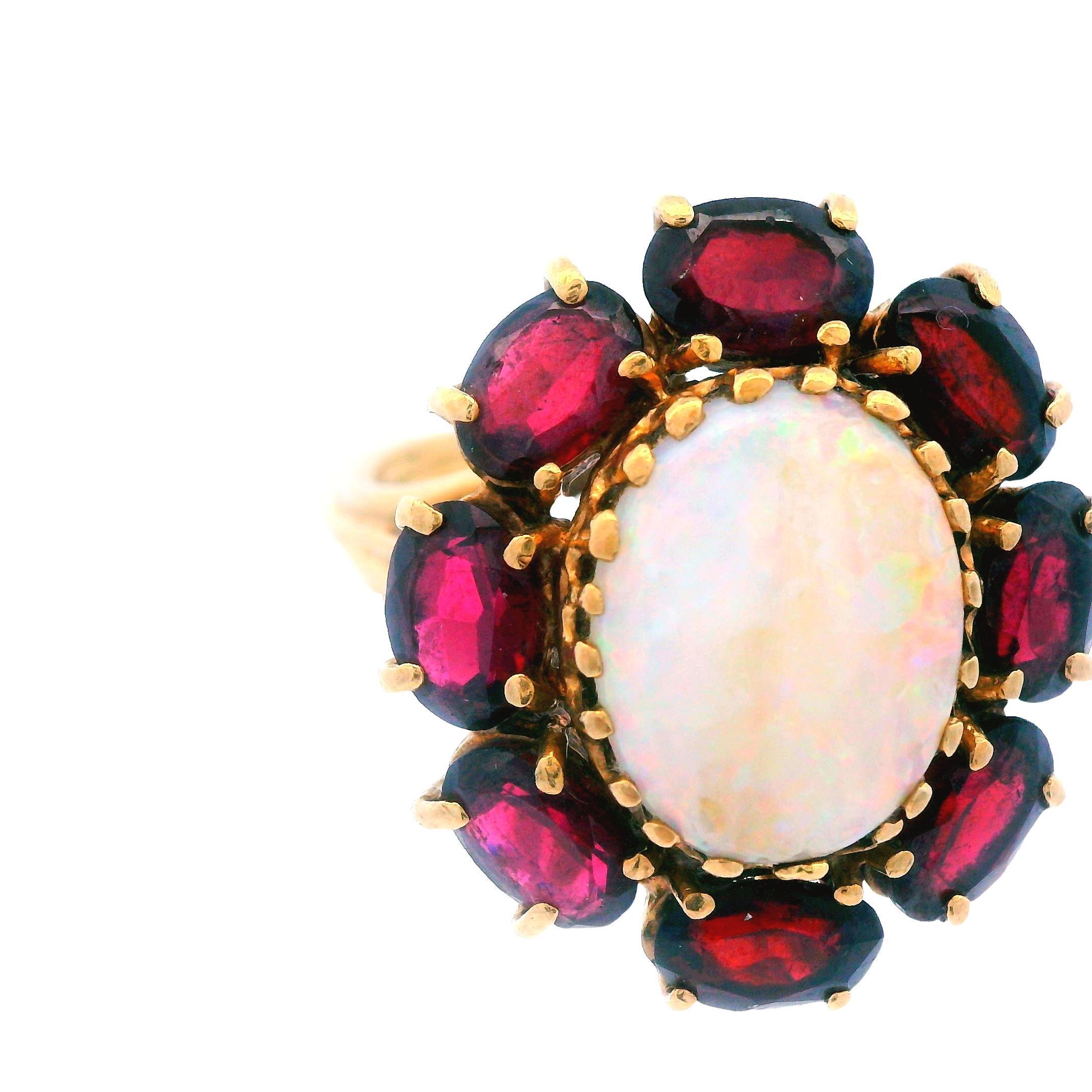 Women's 14K Yellow Gold Opal & Red Garnet Cocktail Ring Ca. 1950s For Sale