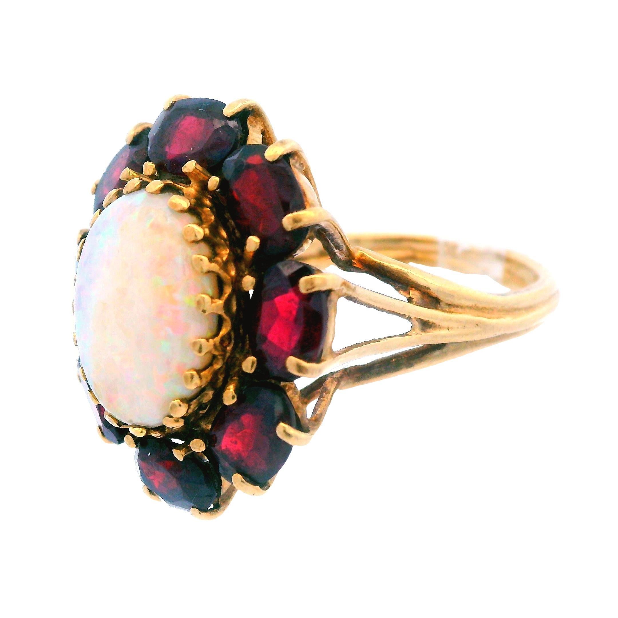 14K Yellow Gold Opal & Red Garnet Cocktail Ring Ca. 1950s For Sale 1