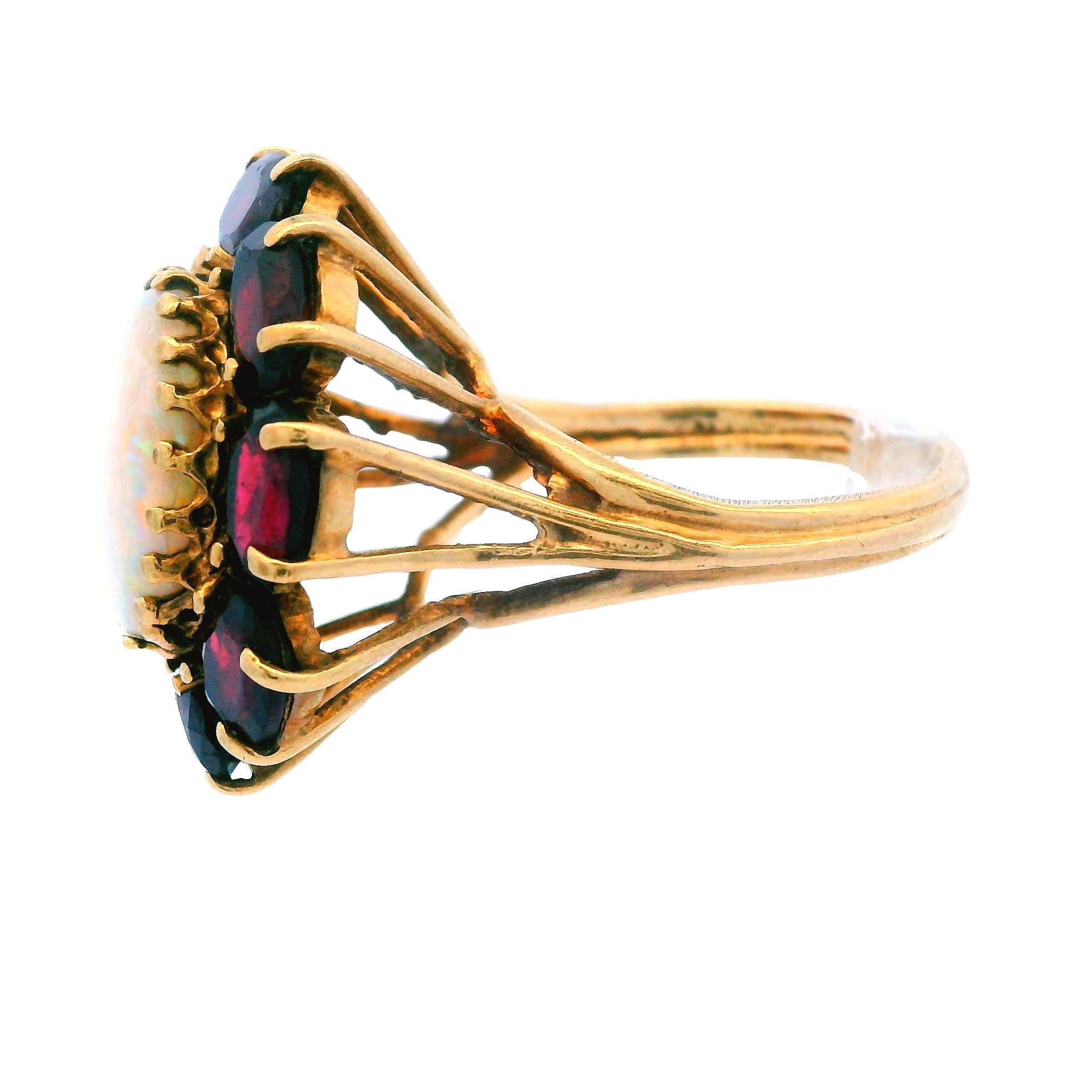 14K Yellow Gold Opal & Red Garnet Cocktail Ring Ca. 1950s For Sale 2