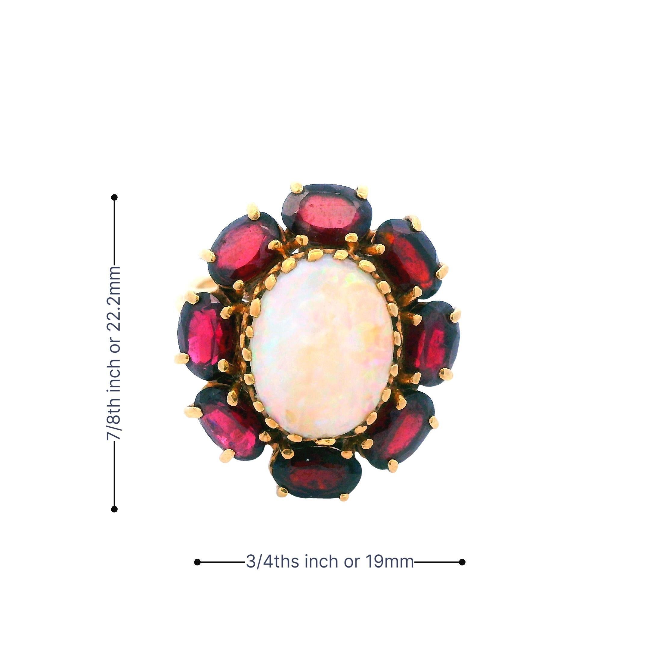 14K Yellow Gold Opal & Red Garnet Cocktail Ring Ca. 1950s For Sale 3
