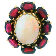 Vintage 14K Yellow Gold Opal & Red Garnet Cocktail Ring Ca. 1950s