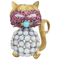 14K Yellow Gold Opal Ruby Diamond and Turquoise Cat Brooch