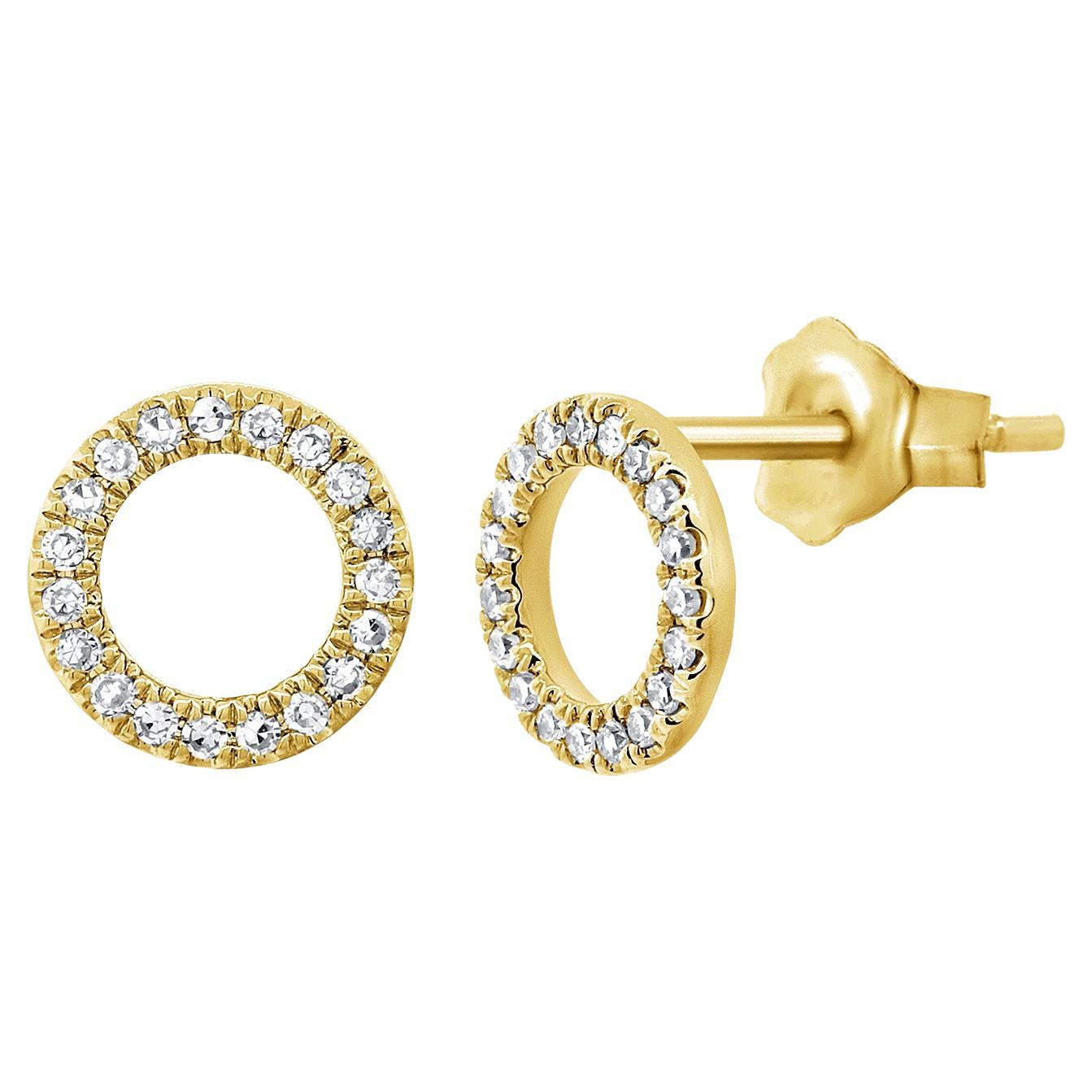 14K Yellow Gold Open Circle Diamond Stud Earrings for Her For Sale