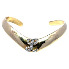 14k Yellow Gold Open Cuff Diamonds inlaid Letter "L" Bangle