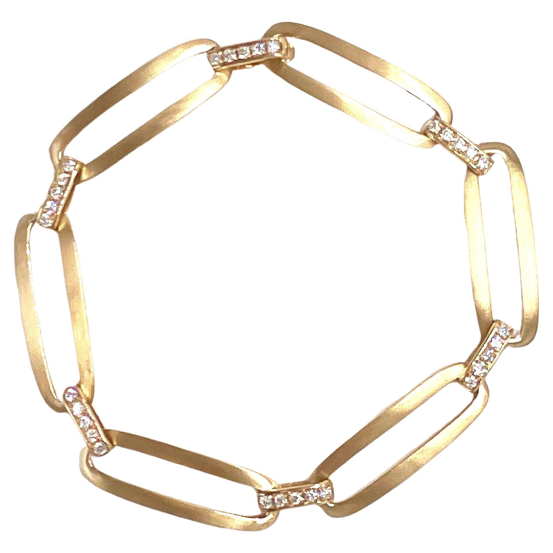 14K Yellow Gold Open Link Diamond Bracelet Withe Satin Finish For Sale
