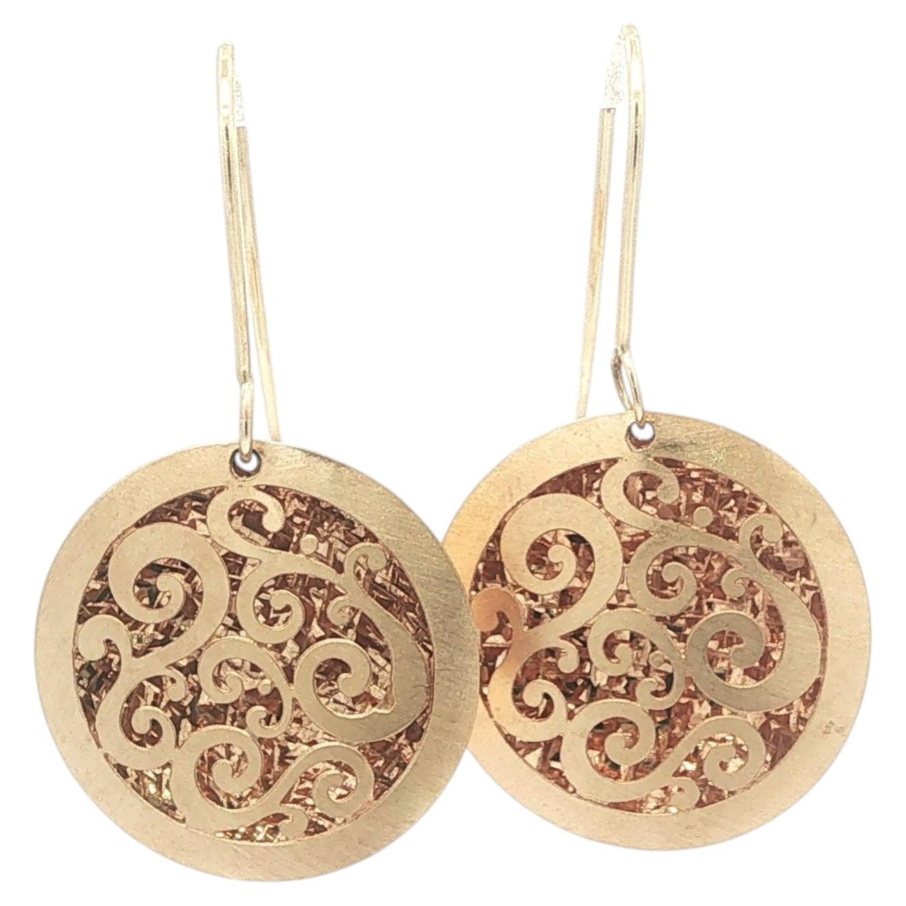 14k Yellow Gold Open Ornate Cut Out Work Round Dangle Drop Earrings