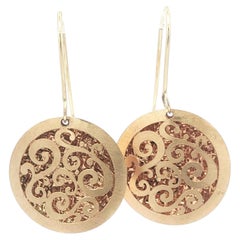 14k Yellow Gold Open Ornate Cut Out Work Round Dangle Drop Earrings