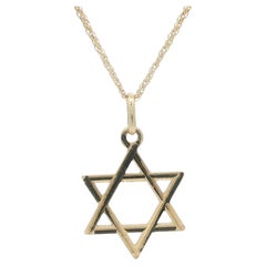 14k Yellow Gold Open Star Of David Pendant on 25" Long Wheat Link Chain Necklace