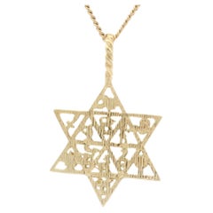 Collier en or jaune 14k à sections symboliques étoile de David pendentif 18.5".