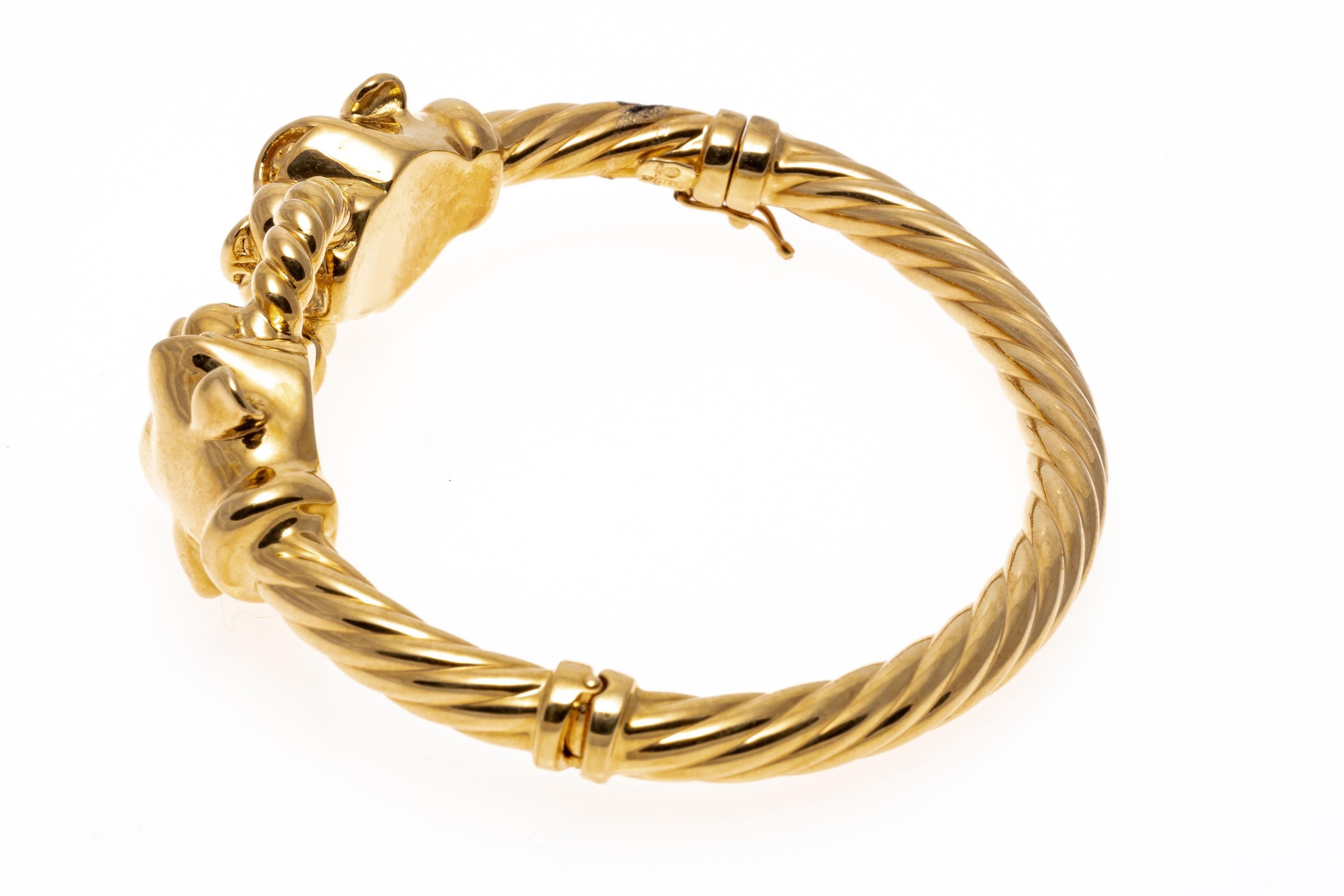 Women's 14k Yellow Gold Opposing Panther and Twisted Ring Hinged Bangle Bracelet For Sale