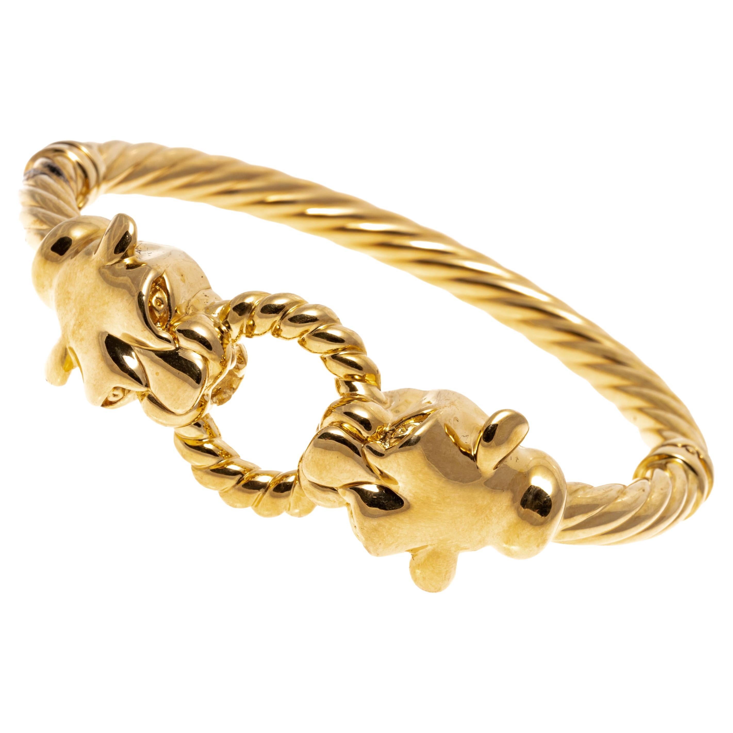 14k Yellow Gold Opposing Panther and Twisted Ring Hinged Bangle Bracelet For Sale