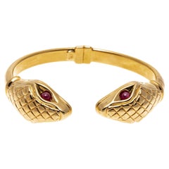 14k Yellow Gold Opposing Serpent Head Open Cuff Style Hinged Bangle Bracelet
