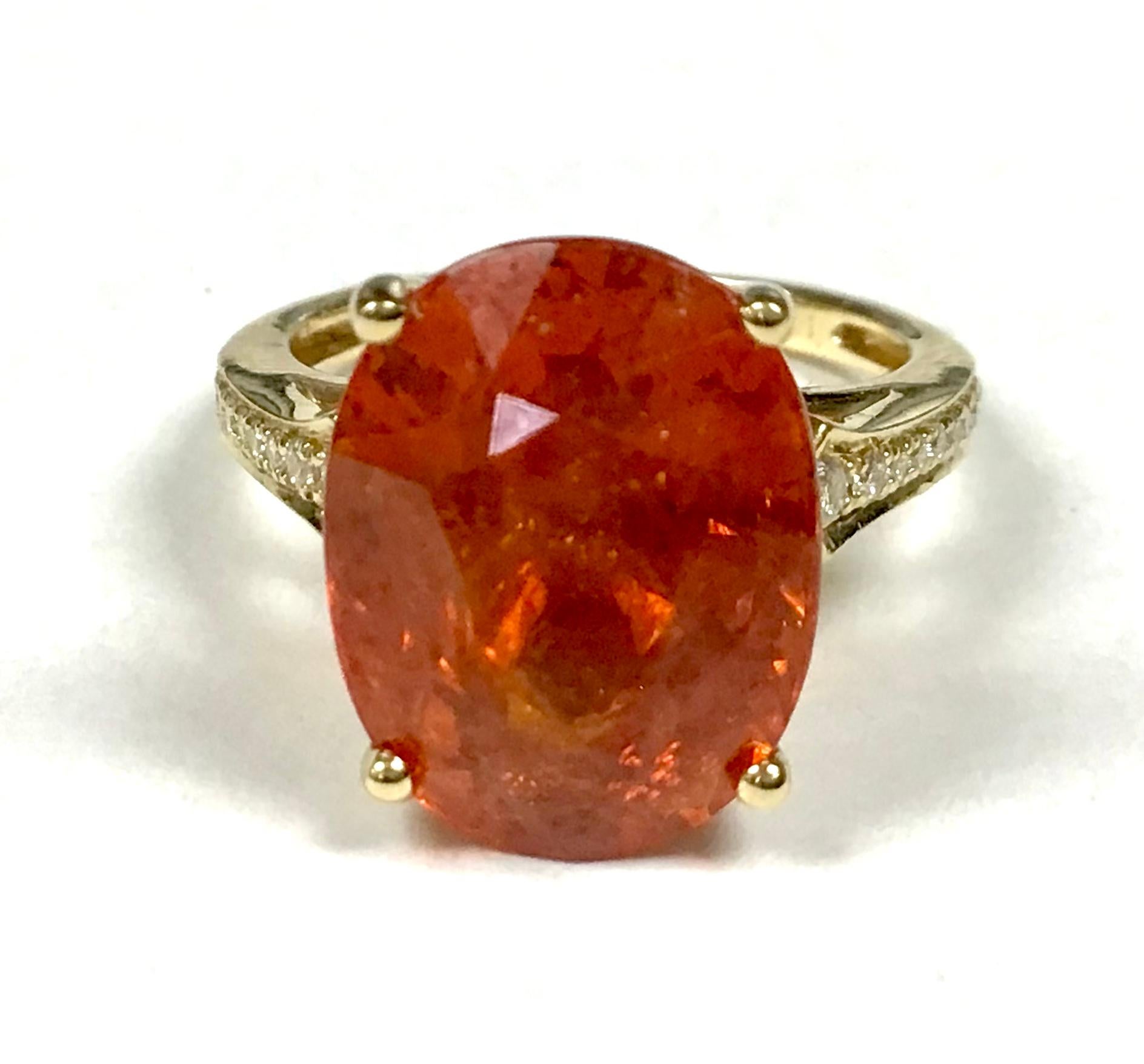 Modern  14K Yellow Gold Orange Sapphire With Diamond Ring