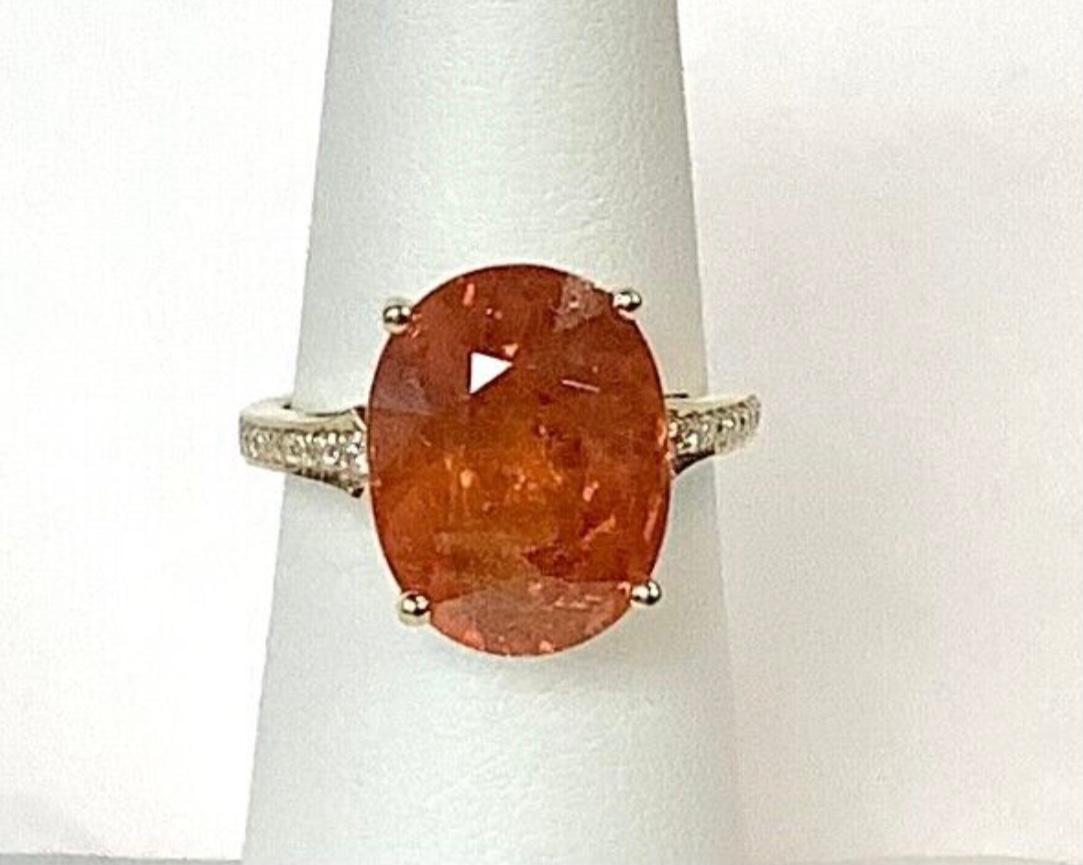 Round Cut  14K Yellow Gold Orange Sapphire With Diamond Ring