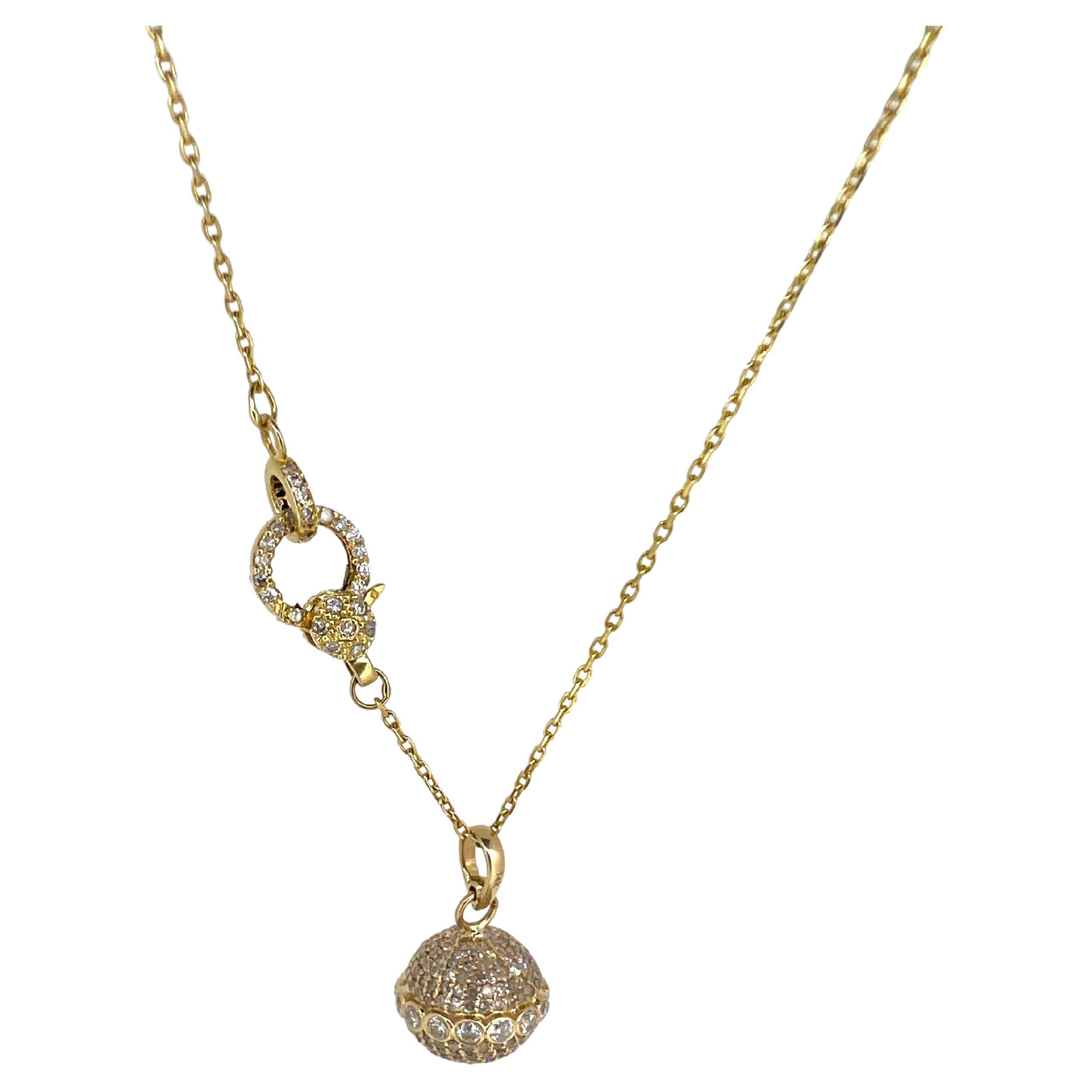 14k yellow gold orb necklace with diamond-encrusted clasp For Sale