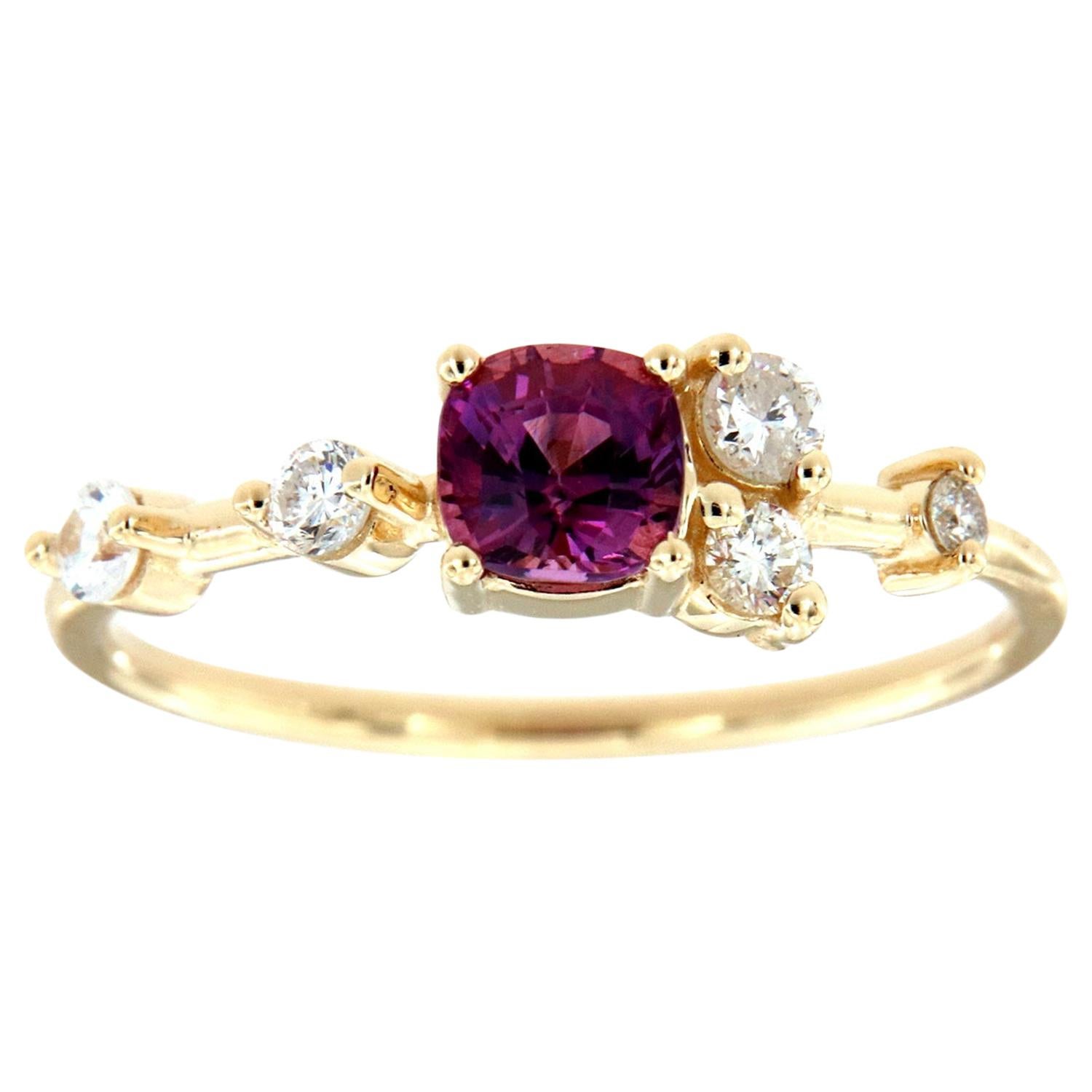 14K Yellow Gold Organic 0.58 Carat Purplish Pink Cushion Sapphire Diamond Ring