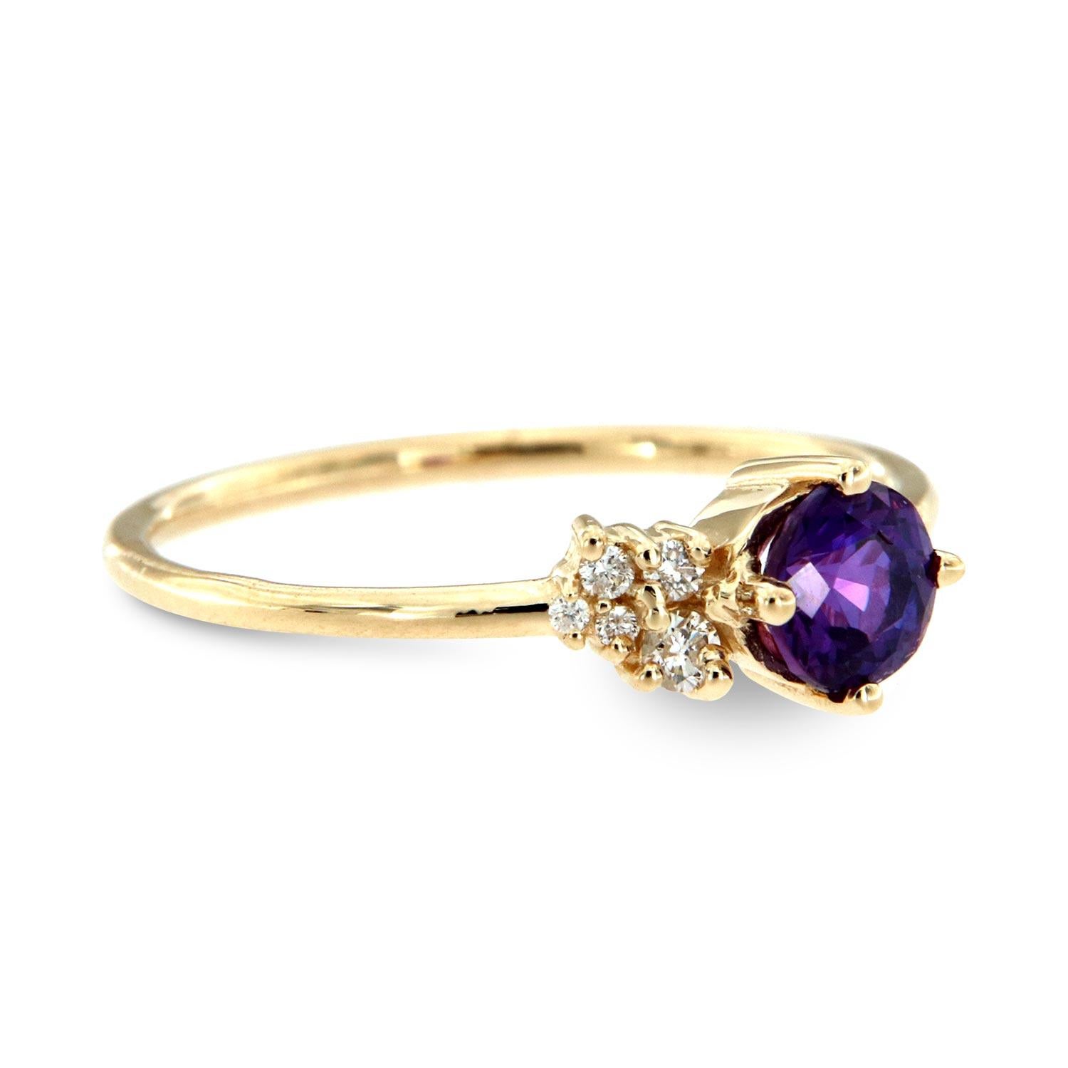 Round Cut 14 Karat Gold Organic Round Purple Sapphire Diamond Ring Center, 0.58 Carat For Sale