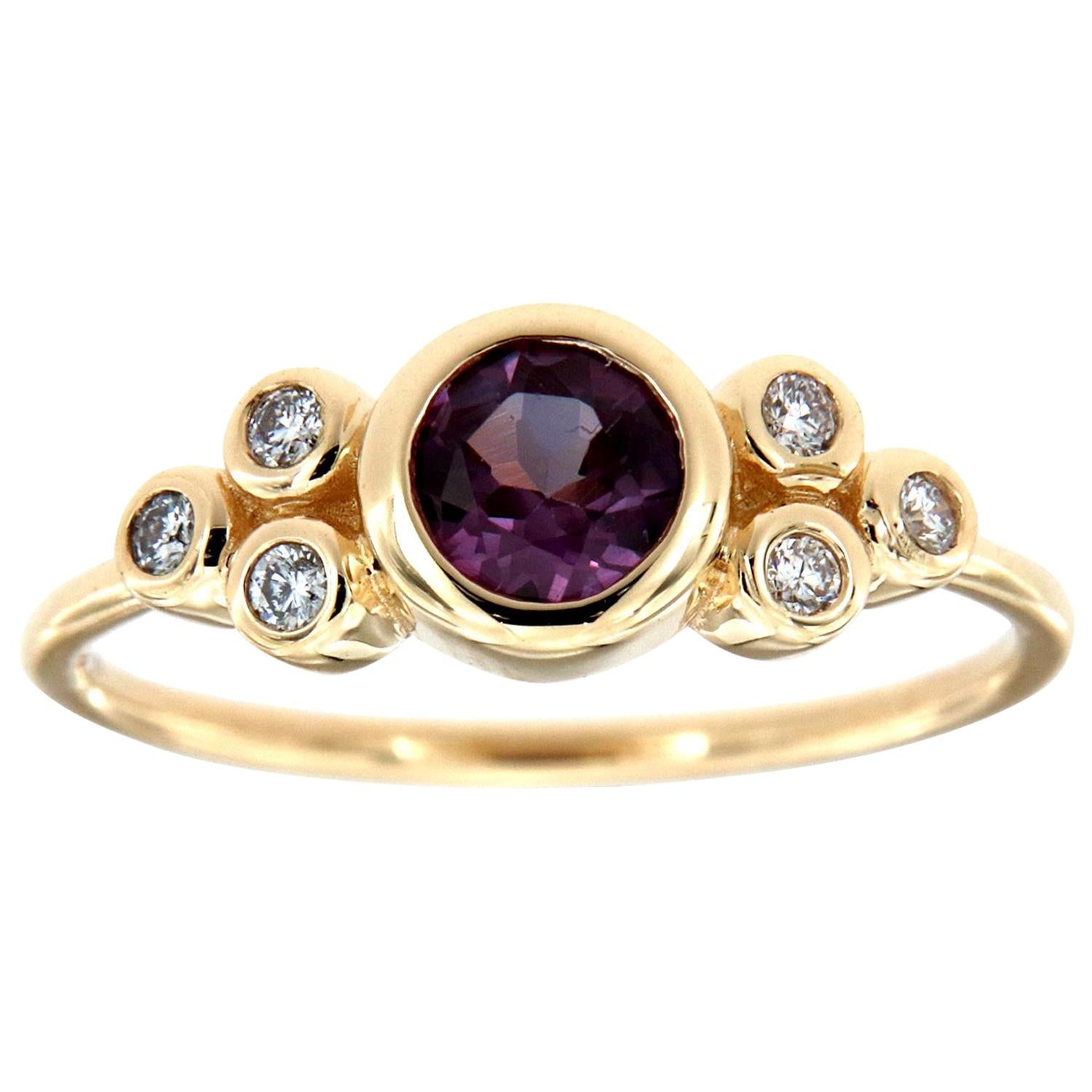 14K Yellow Gold Organic Round Purple Sapphire Diamond Ring Center-0.59 Carat For Sale