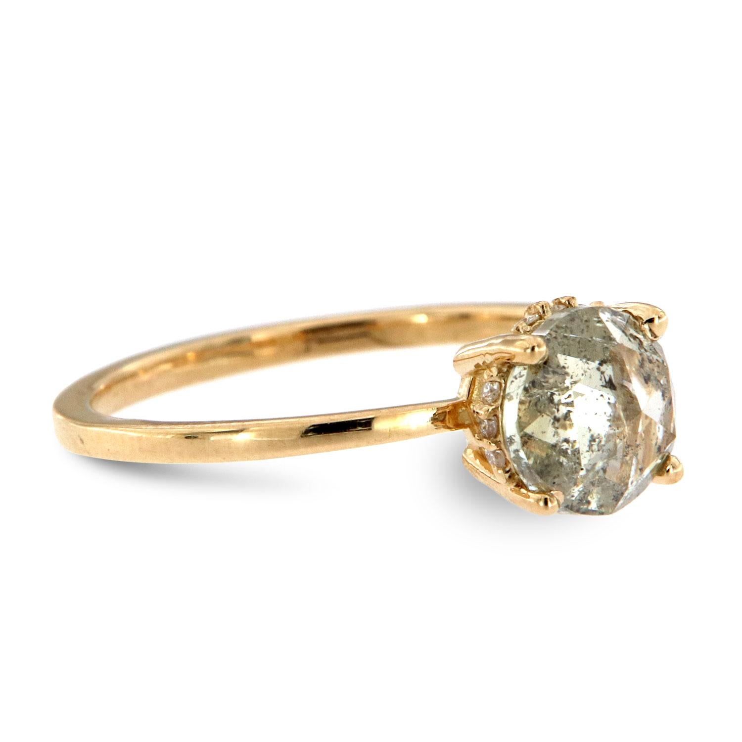 Round Cut 14K Yellow Gold Organic Round Salt and Pepper Diamond Ring 'Center: 1.28 Carat' For Sale