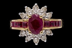 14k Yellow Gold Ornate Ruby Cluster and Diamond Double Half Halo Ring