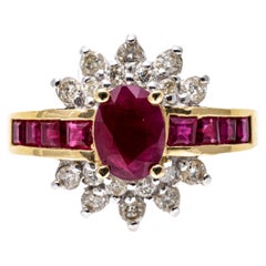 Vintage 14k Yellow Gold Ornate Ruby Cluster and Diamond Double Half Halo Ring