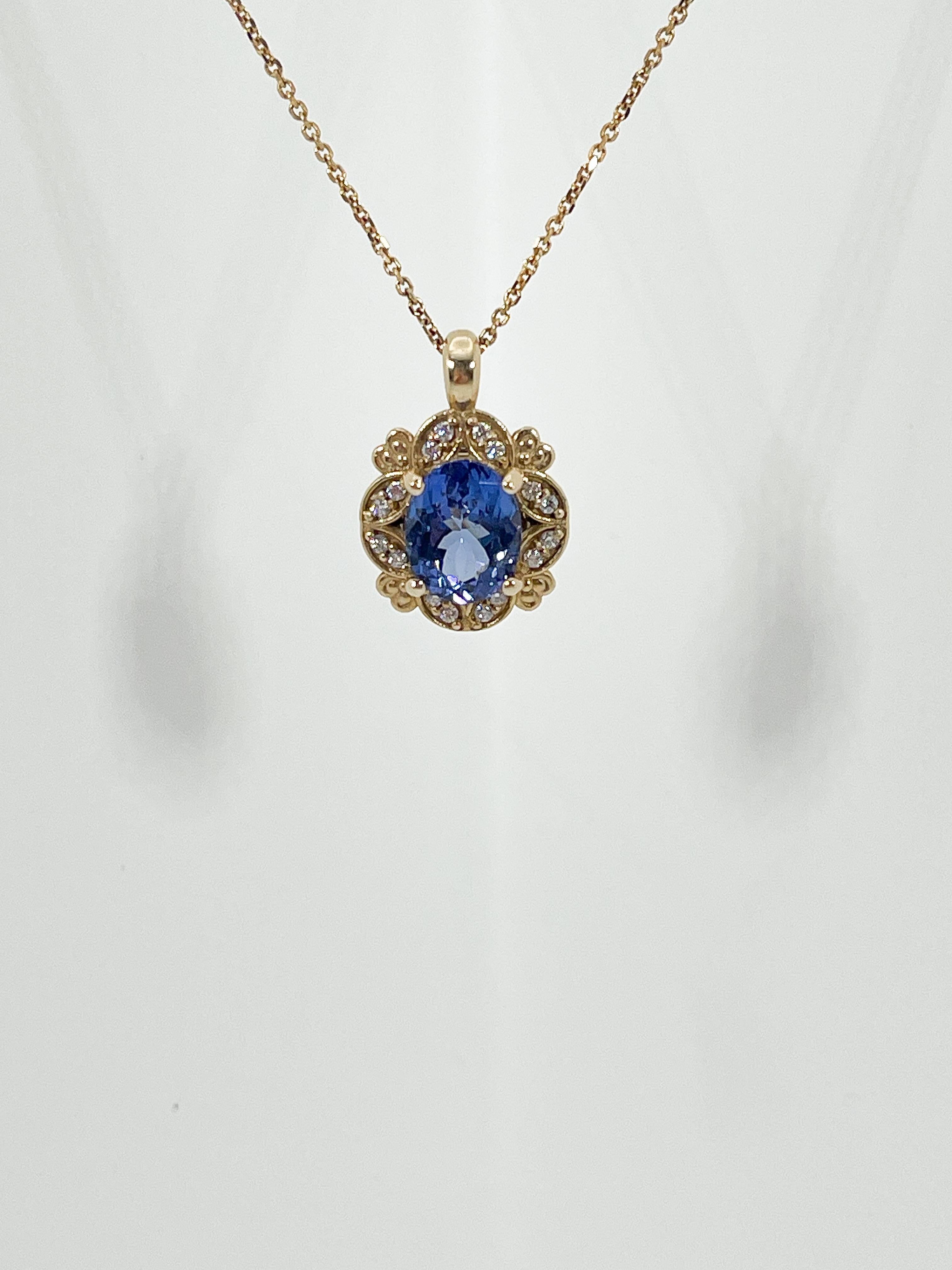 Oval Cut 14K Yellow Gold Oval 2.20 Carat Tanzanite and Diamond Pendant Necklace  For Sale
