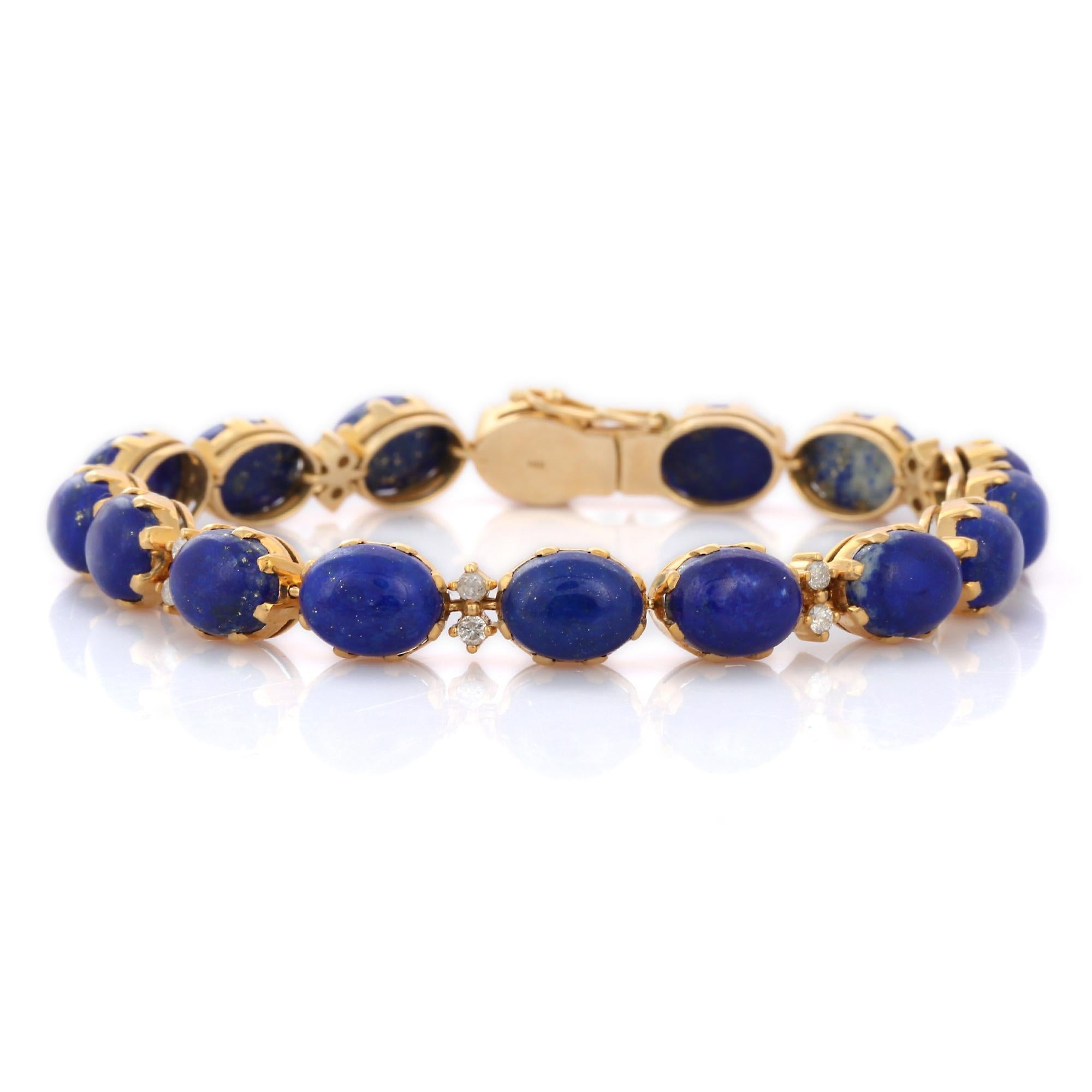 Lapis Lazuli bracelet in 14K Gold. It has a perfect oval cut gemstone and diamonds to make you stand out on any occasion or an event. Bracelets are worn to enhance the look. Women love to look good. It is common to see a woman rocking a lovely gold