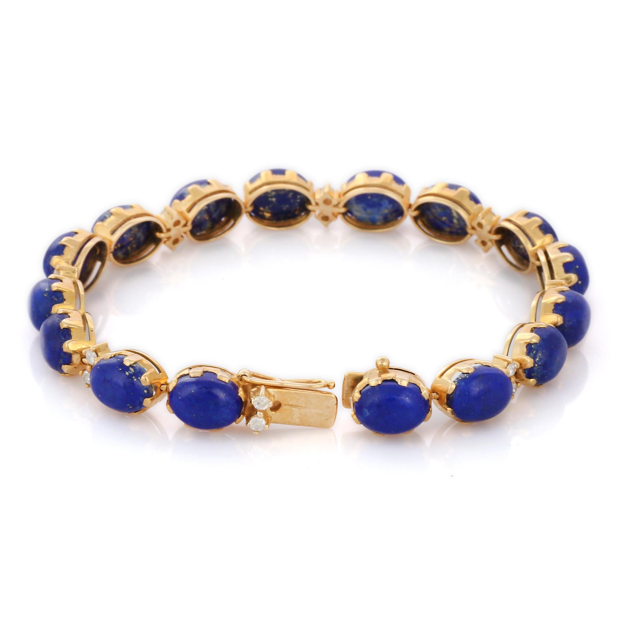 Modern 14K Yellow Gold Oval 34.6 ct Lapis Lazuli and Diamond Tennis Bracelet For Sale
