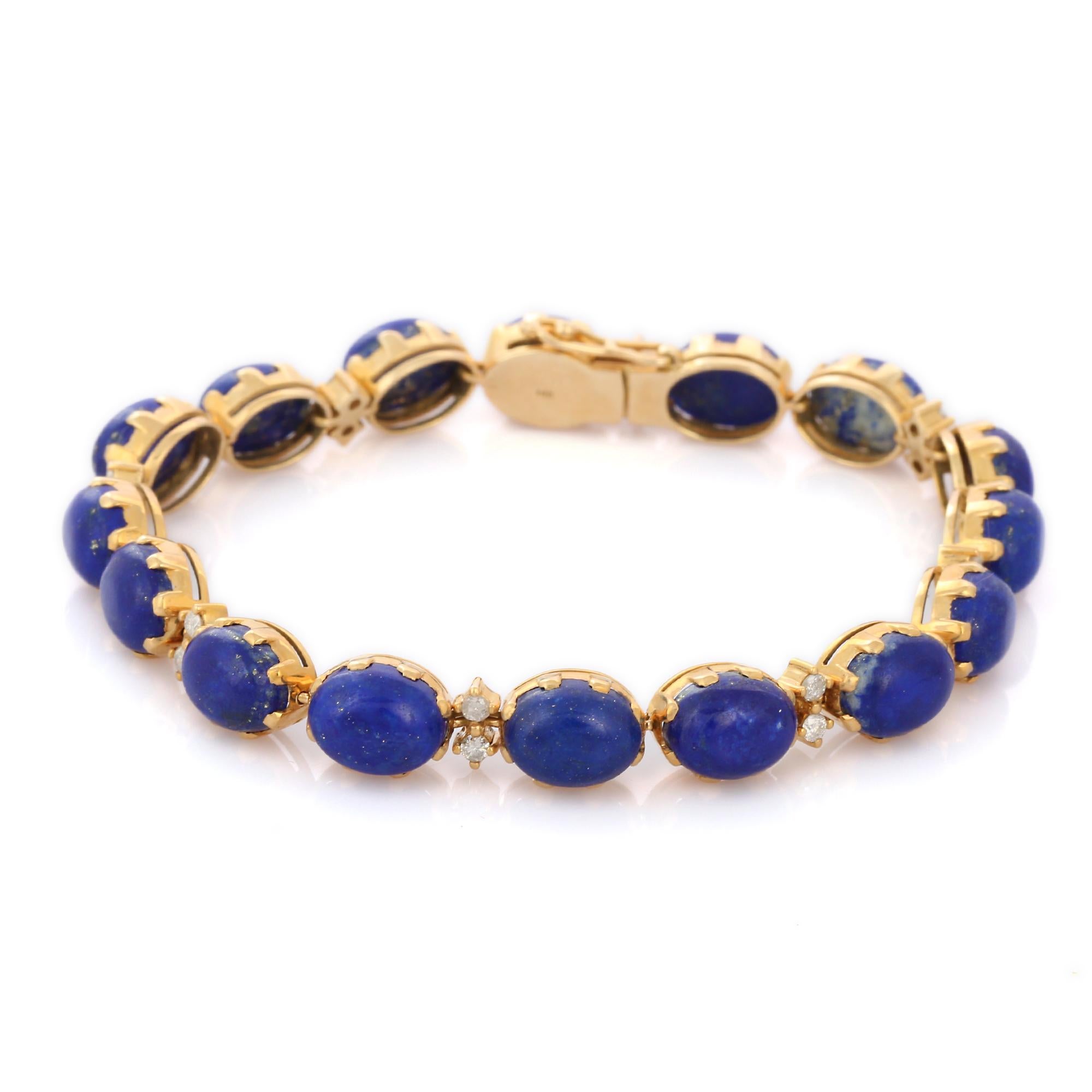 Oval Cut 14K Yellow Gold Oval 34.6 ct Lapis Lazuli and Diamond Tennis Bracelet For Sale