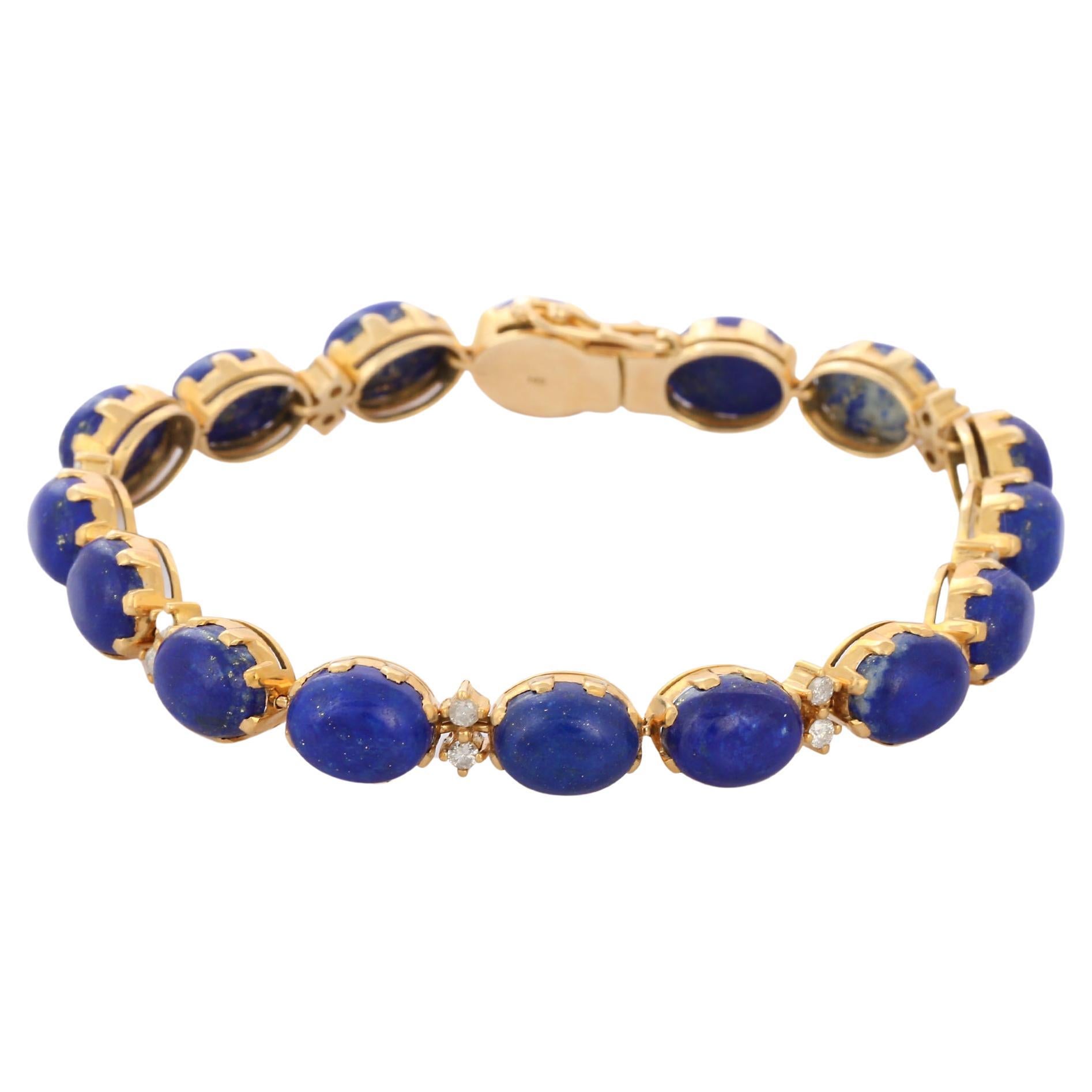 14K Yellow Gold Oval 34.6 ct Lapis Lazuli and Diamond Tennis Bracelet For Sale